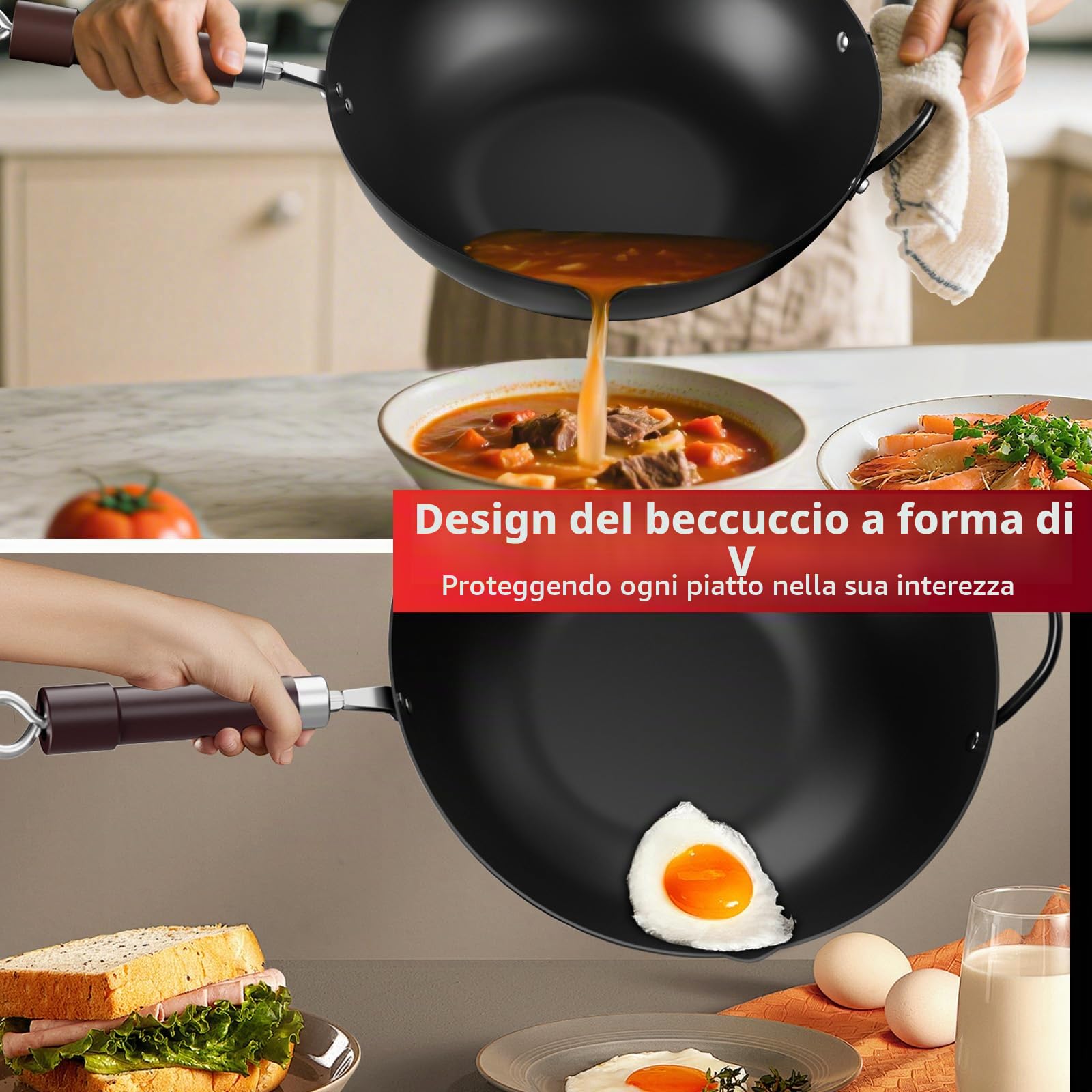 Jobin 32 cm/12,6'' Wok Antiaderente in Acciaio al Carbonio con Coperchio, Manici in Legno e Acciaio Può Cucinare Piatti Asiatici per 3-5 Persone - Fondo Piatto