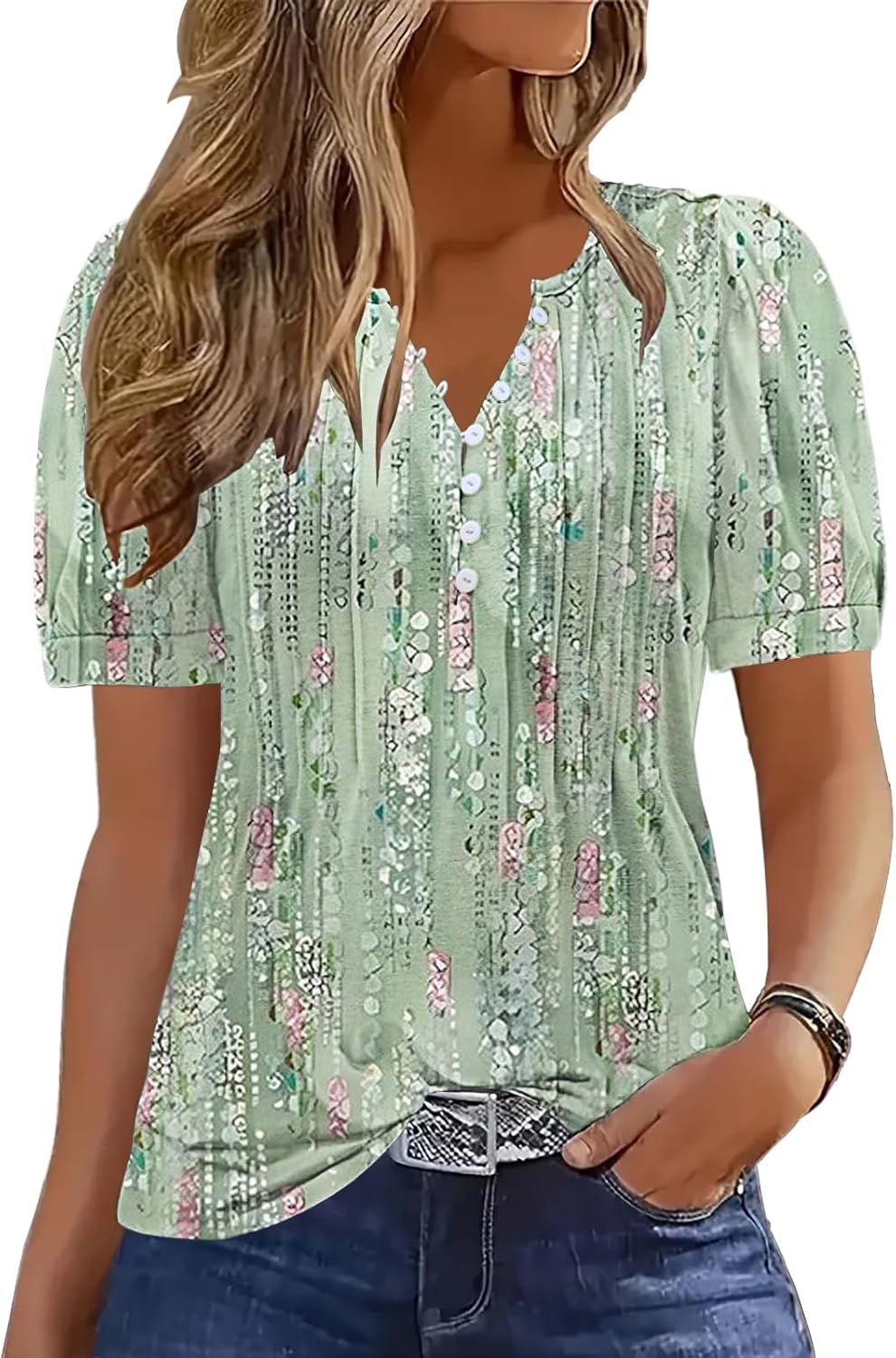 ETCYY Womens Shirts Dressy Casual Short Sleeve 2026 Summer Tops Spring V Neck Button Down Pleated Ladies Tunic Blouses