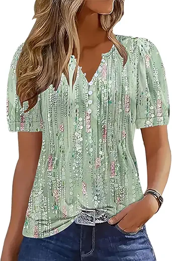 Womens Shirts Dressy Casual Short Sleeve 2026 Summer Tops Spring V Neck Button Down Pleated Ladies Tunic Blouses
