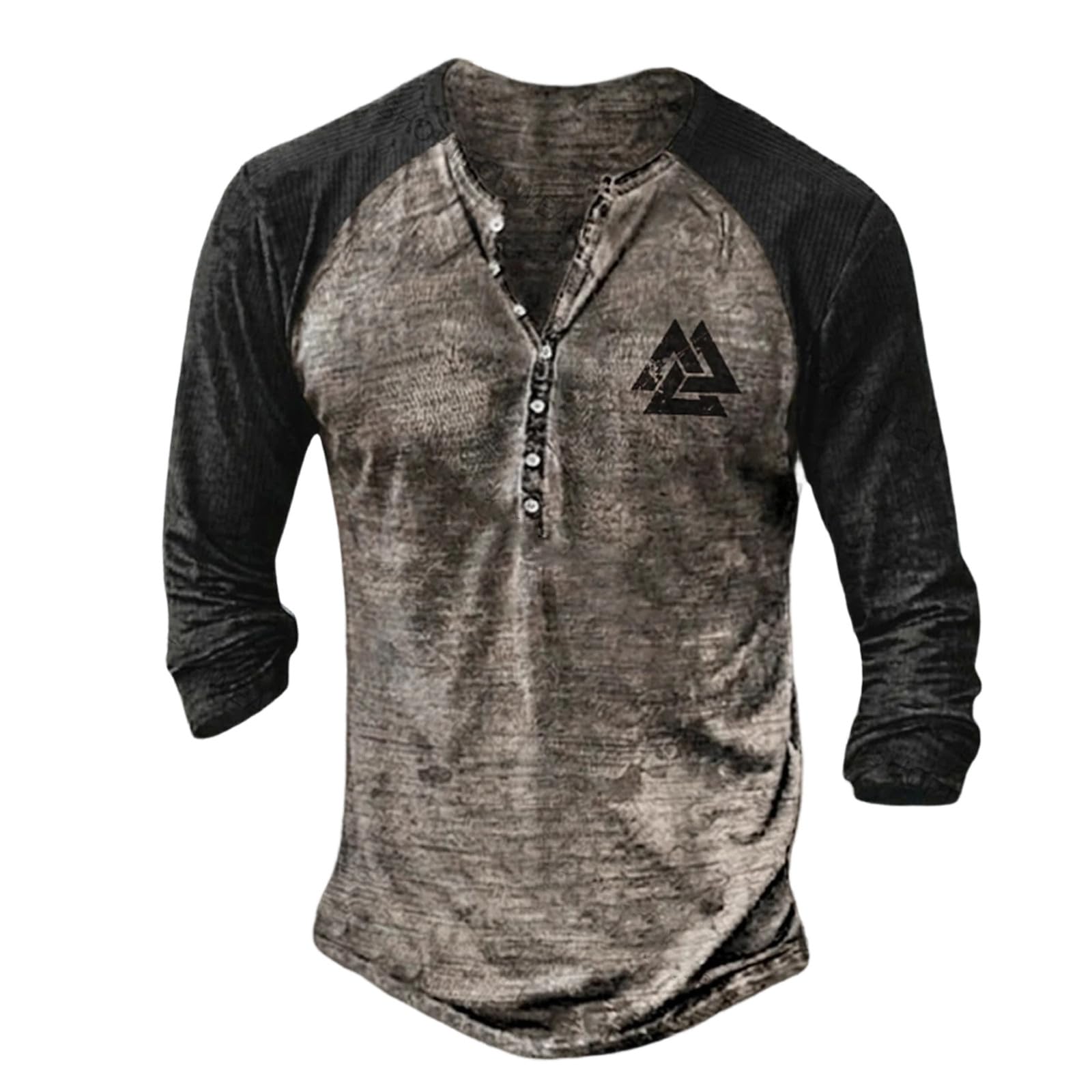 Men's Gothic Nordic Mythology T Shirts Retro Printed V Neck Lace Up Long Sleeve Pullover Vintage Distressed Henley Shirt Top Street Tshirt Sports Shirt, grey, S