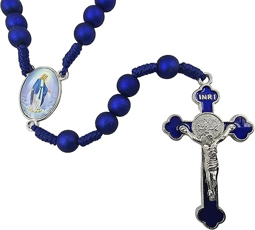 Miniatura 6 de TALISMAN4U Collar de oración católica con cuentas de rosario azul profundo con crucifijo de San Benito, medalla de Nuestra Señora de Gracia, regalo