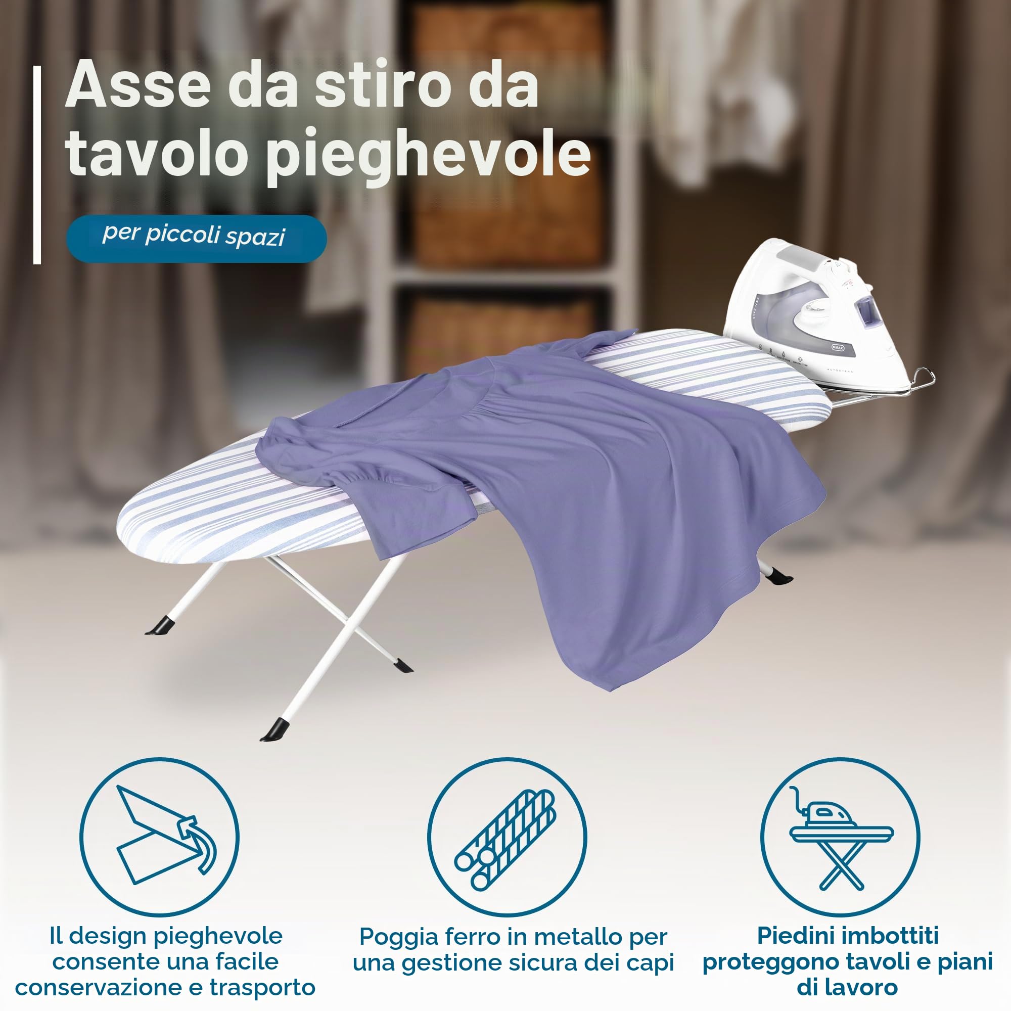 Honey Can Do BRD-01292 ASSE da Stiro Pieghevole da Tavolo, Telaio Bianco/Fodera A Strisce Blu, 31.5x8.13x42.01 cm