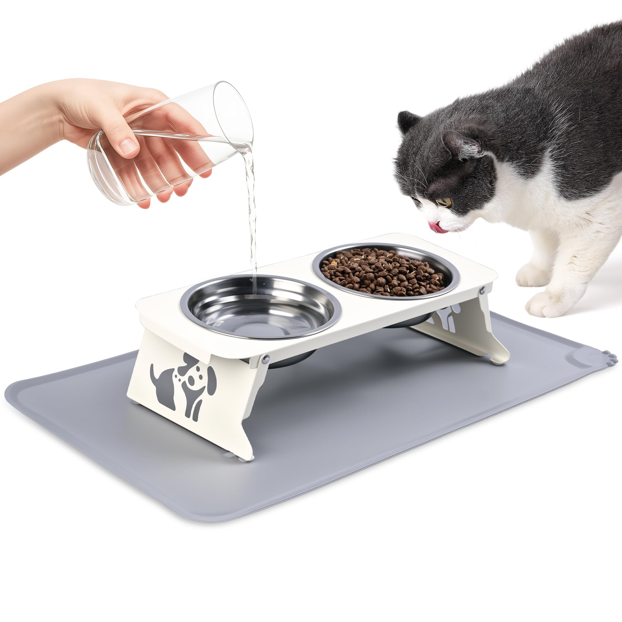 Erhöhte Katzennäpfe, 2 erhöhte Futternäpfe aus Edelstahl mit Silikonmatte, zusammenklappbar, Keine Montage, zusammenklappbar, erhöht für den Innenbereich, leicht zu reinigen und aufzubewahren