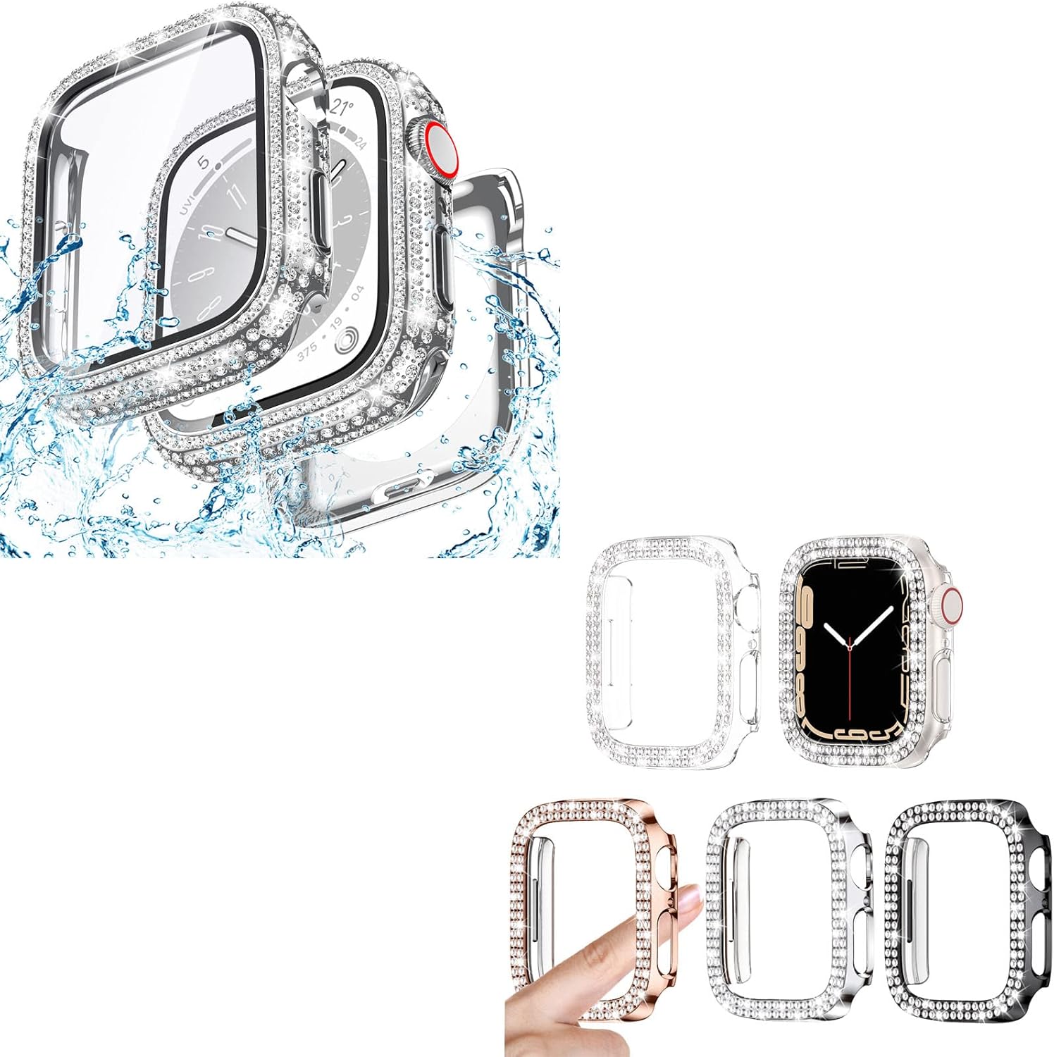 Goton 4 Pack Double-Row Rhinestones Bumper & Full Diamond Waterproof Case Designed for Apple Watch Series 6/5/4/SE 40mm, Women Shockproof Glitter Diamond Face Cover Accessories (for 40mm Only)