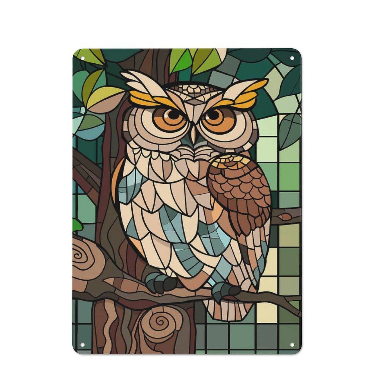 Junmoney Style-20 Tin Wall Plaque 40X30cm With Stained Glass Owl On A Branch For Dining Room Or Kitchen, A Winter Wall Decor Update For Dining Room Decor Fans