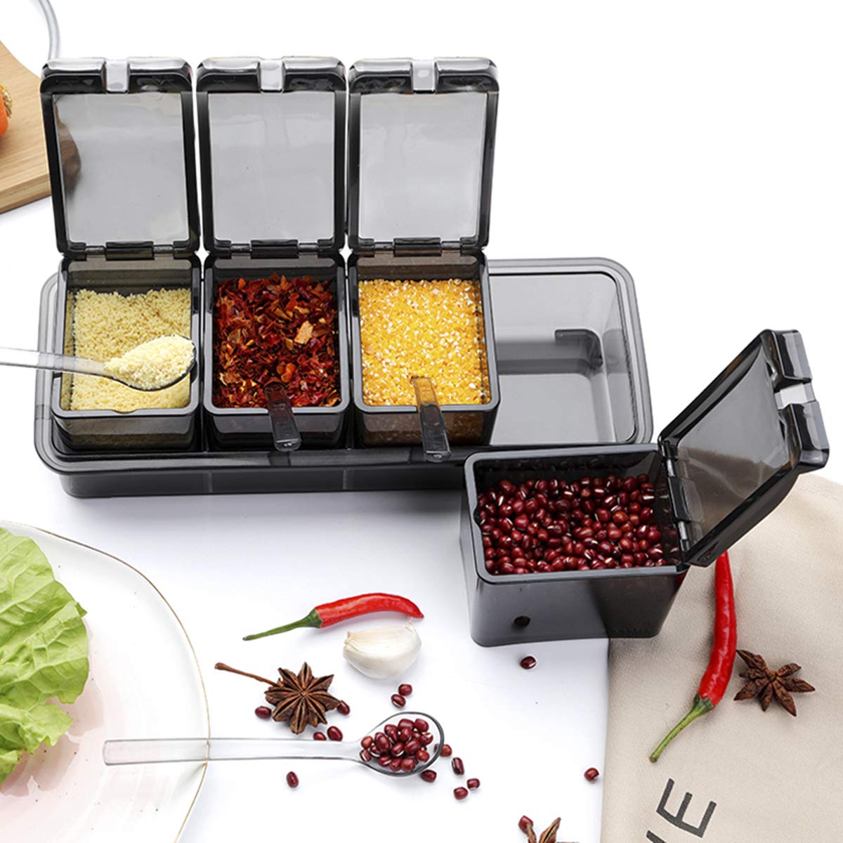 OhMill Juego de 4 cajas de especias de cocina con 4 cucharas, tarro de condimento transparente, condimento Box Set