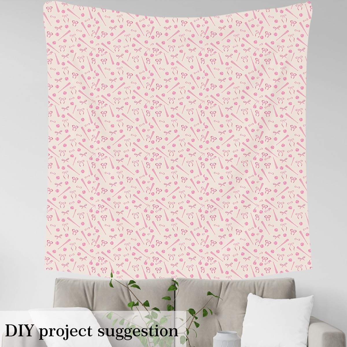 Sport Baseball Fabric by The Yard,Girls Woman Bowknot Decorative Fabrics,Baseball Bat and Ball Quilting Supplies for Sewing,Princess Style Pink Sports DIY Crafts,2 Yards,72" L x 59" W