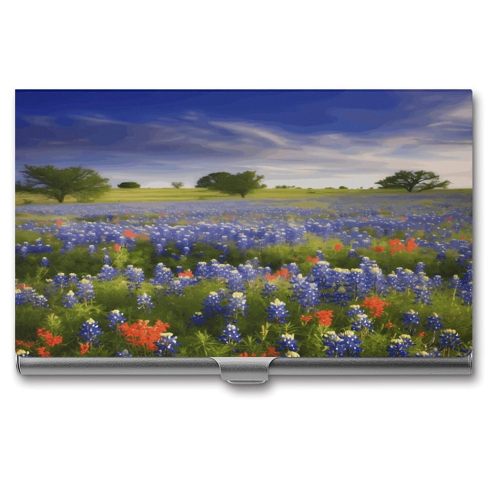 LZQPOEAS Texas Bluebonnets Scenery Business Card Holder Aluminum Alloy Flip Cover Slim Name Cards Case Lightweight Business Name Card Holder Case Portable Purse Name Cards Holder