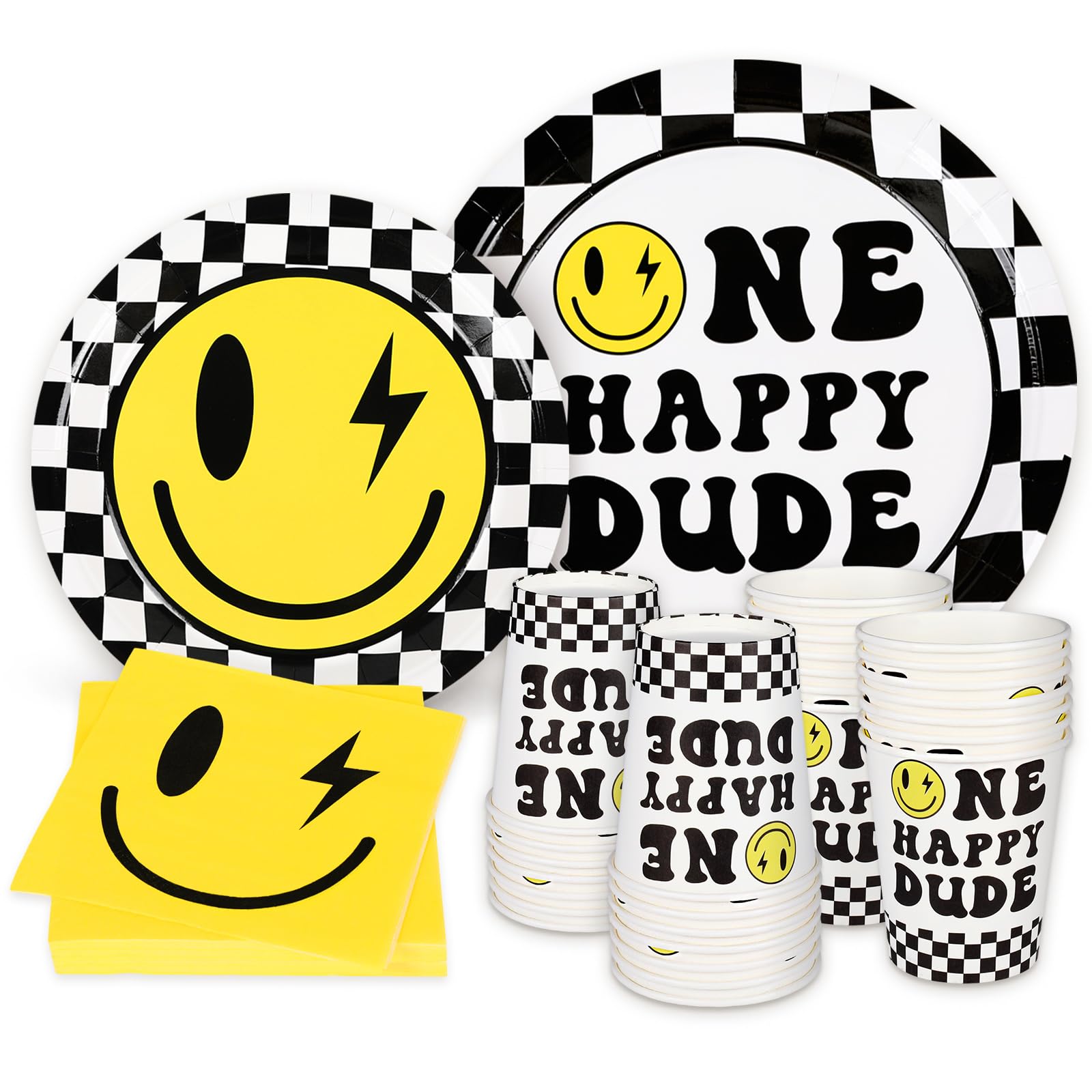 Whaline 96 Pcs One Happy Dude Birthday Party Decorations One Happy Dude Party Tableware Smile Face Plates Napkins Cups 1st Birthday Disposable Paper Dinnerware for 24 Guests Party Supplies Table Decor