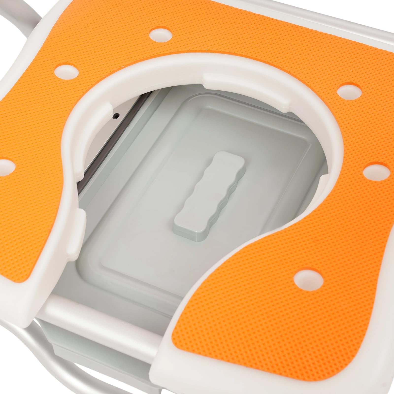 Sedie da doccia con braccioli e schienale, sedia pieghevole per WC e doccia con contenitore per urina, colore arancione, sgabello da bagno da 150 kg, altezza regolabile da 42 a 47 cm, cassettiera per