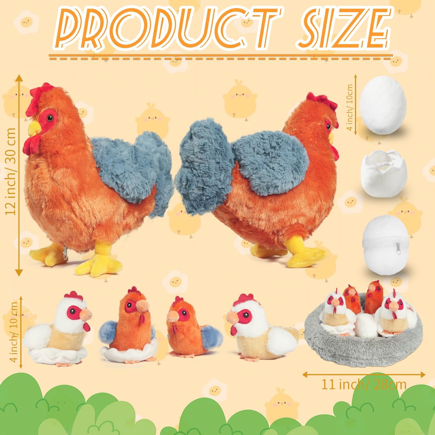 9 in 1 Chicken Stuffed Animal Set, Stuffed Chicken Plush Toy with Zippered Belly, Egg Laying Hen with Chicks and Eggs in Coop, Chickens Toys for Kids Easter Stuffer Christmas Birthday Gift