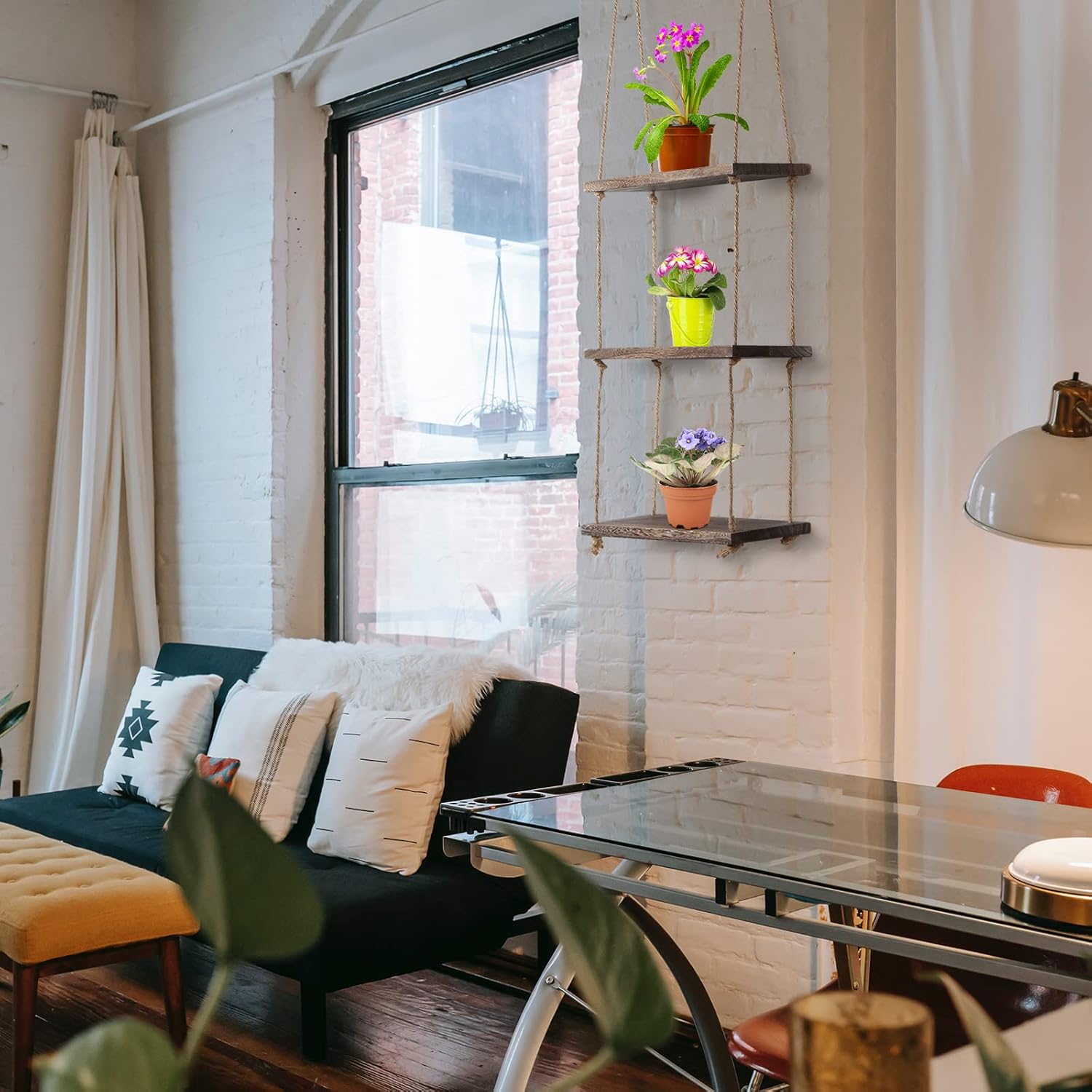 Nuanchu 2 Pcs Hanging Shelves Window Shelf for Plants 3 Tier Rustic Wood Floating Wall Shelves Photo Plant Ornaments Display Hanging Storage for Balcony Windows Bathroom Living Room Bedroom Apartment