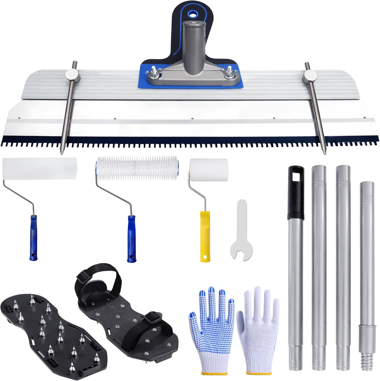 Self-Leveling Cement & Epoxy Floor Tool Kit – Rake, 9” Spike Rollers, 4” Paint Roller, Spiked Shoes, Extension Pole, Gloves & Accessories