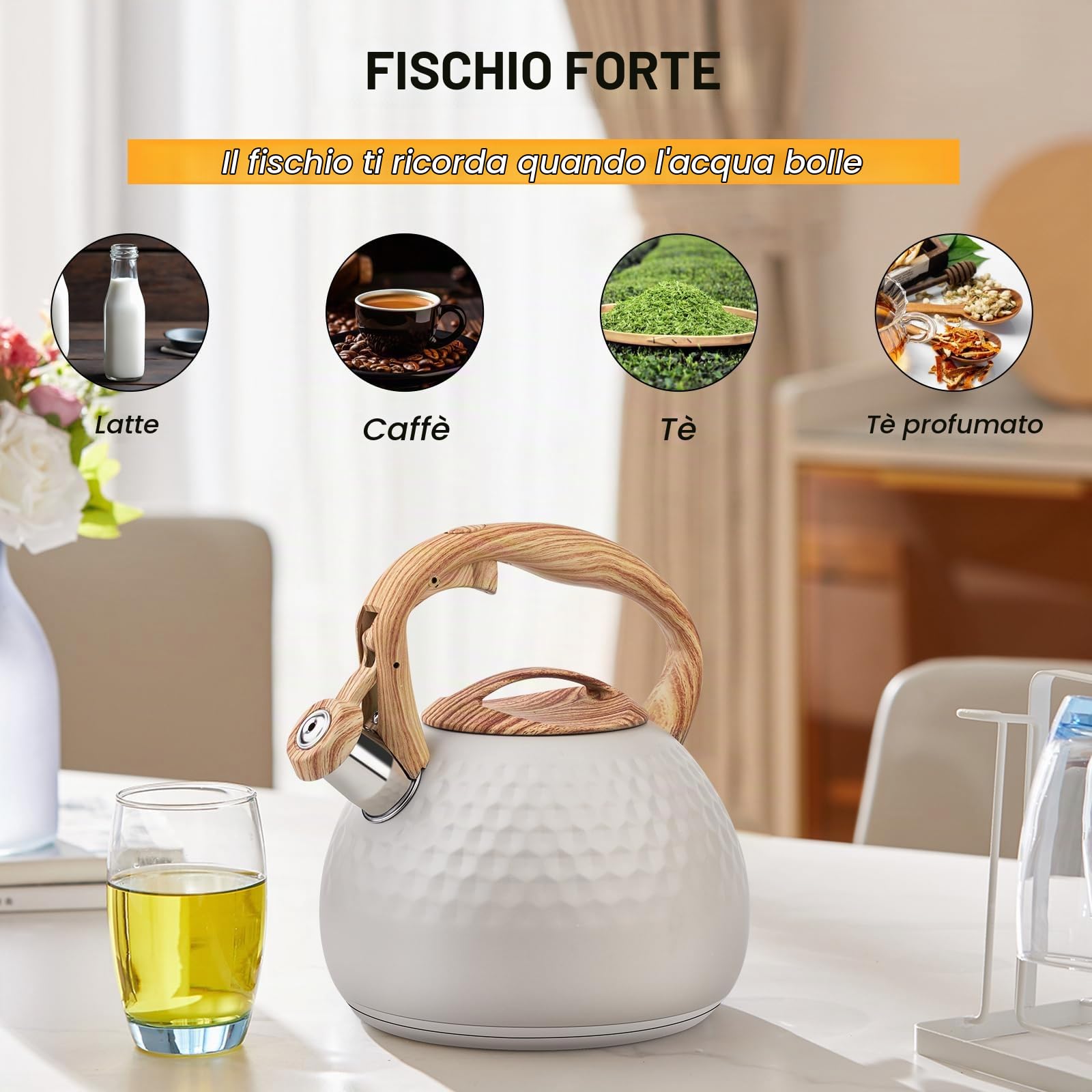 Bollitore moderno da 3 l, a induzione, in acciaio inox, per tutti i piani cottura, bollitore a fischio con manico in vena di legno, bollitore per tè caffè, beige