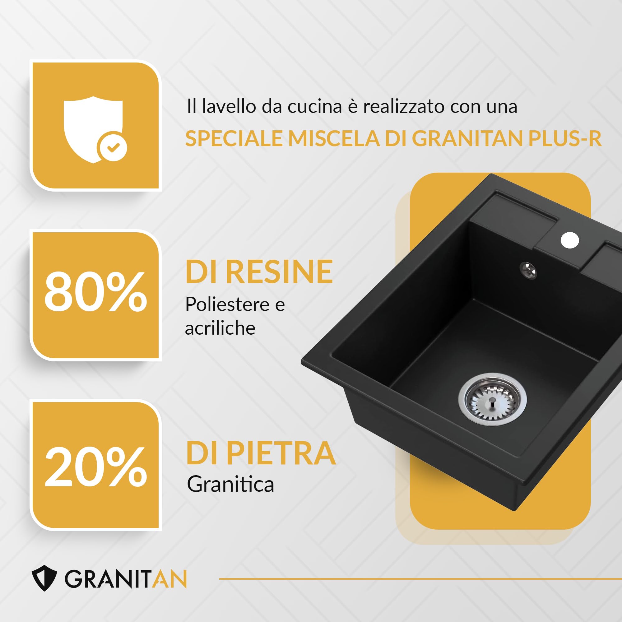 GRANITAN Lavello Cucina - Lavabo Cucina con Sifone Cromati + Impregnante 30 ml - Lavandino Cucina - Lavello Cucina 1 Vasca - Lavello 40x50 cm con Fori Preforati in Materiale Granito - Beige chiaro | Colino e impregnante, lavello con 1 lavello in granito c