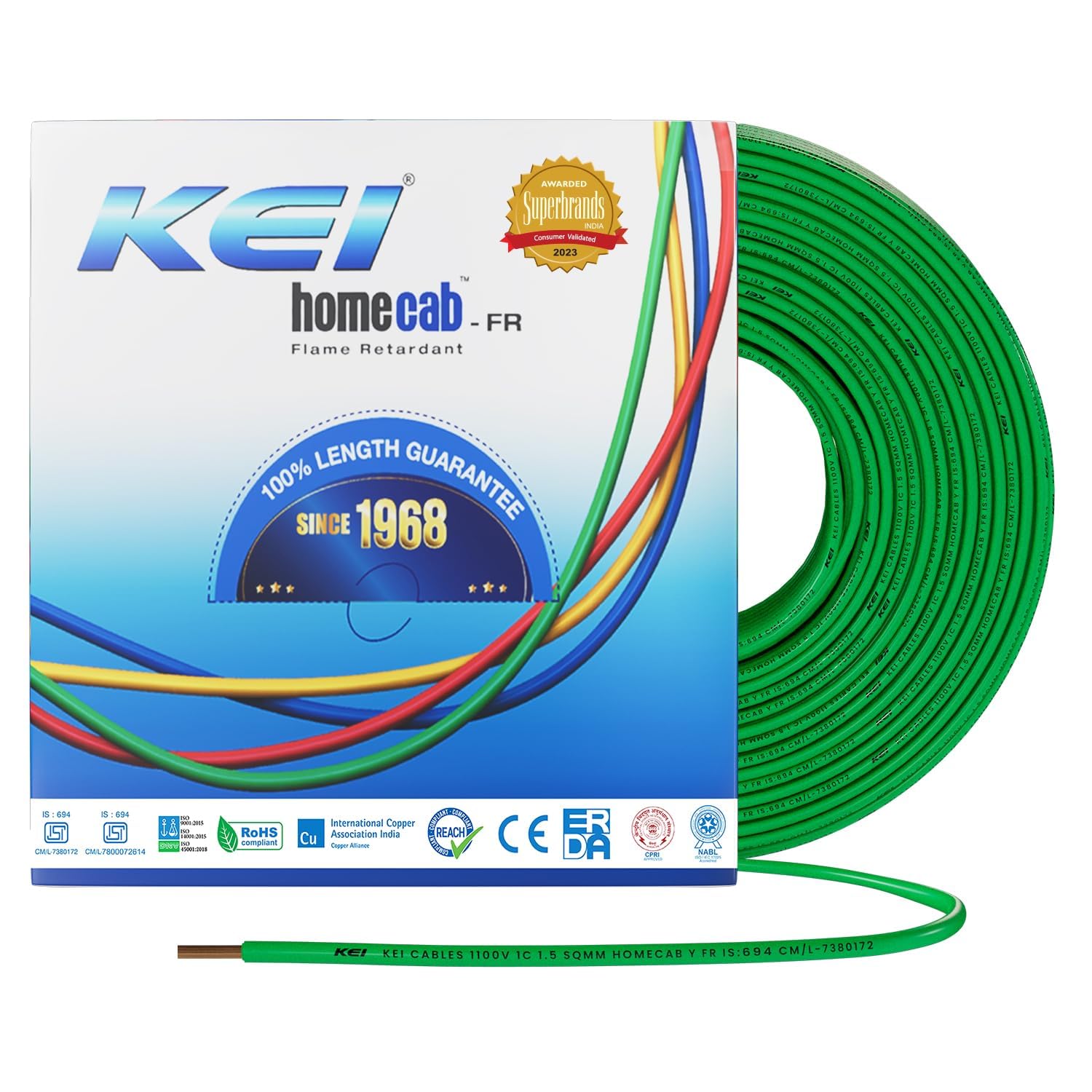 KEI WIRES & CABLES Homecab 1.5 sqmm 1 Core Housewire Flexible PVC Insulated Cable Electric Wiring for Domestic & Industrial Connections (Green, 90m)