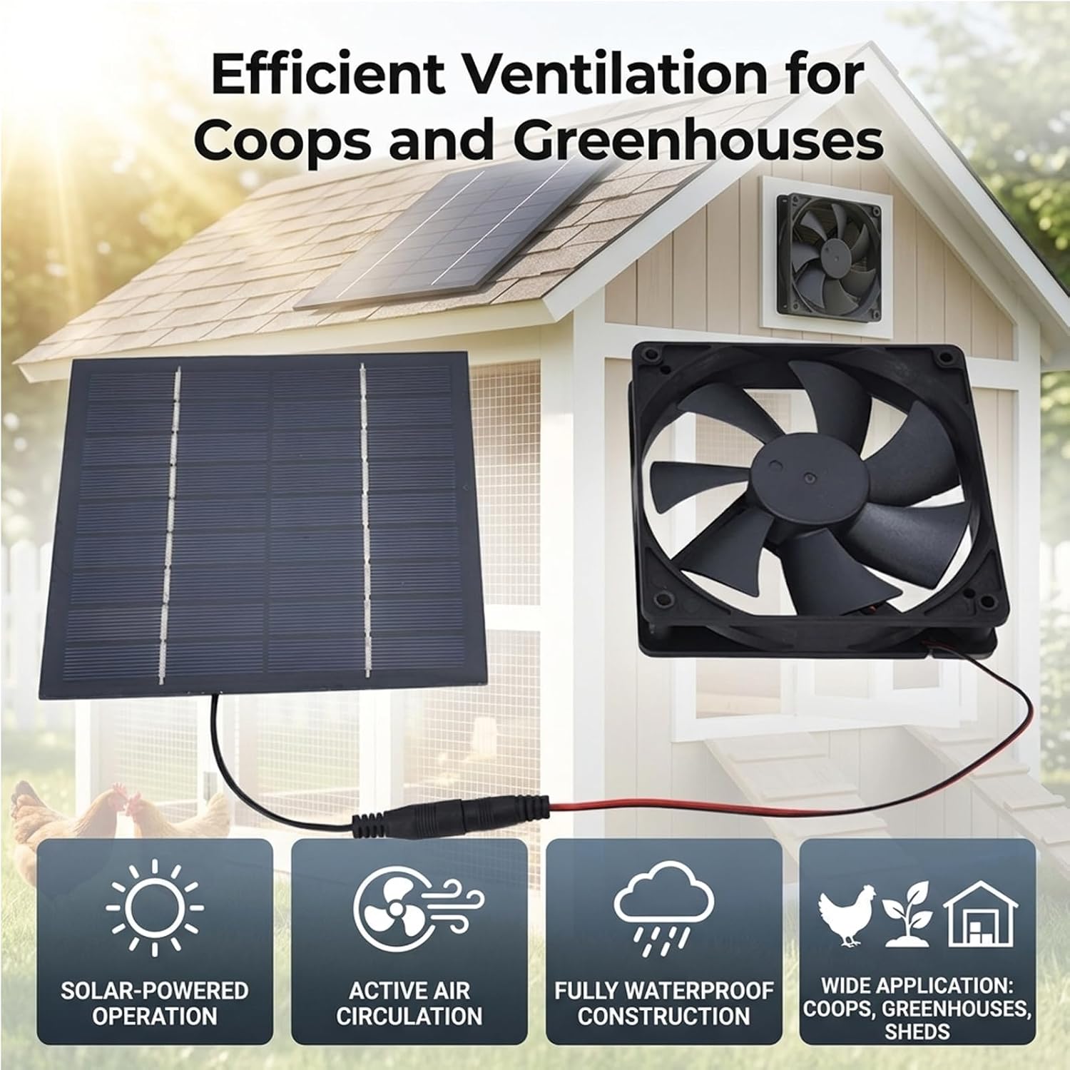 Luqeeg 10W Solar Powered Exhaust Fan, Single Fan Solar Panel Kit for Chicken Coops Greenhouses, with Applicable Scope for Household, Greenhouse, Material
