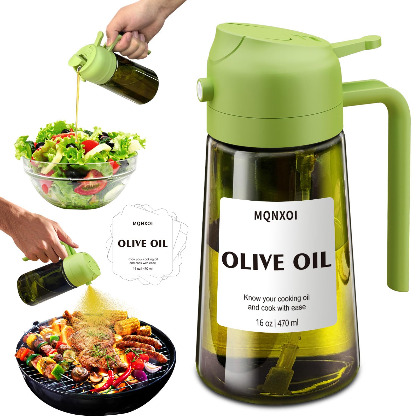 mqnxoi Oil Sprayer for Cooking, 2 in 1 Olive Oil Dispenser Bottle for Kitchen, 16oz/470ml Premium Glass Oil Bottle, Food-grade Oil Mister for Air Fryer, Salad, Frying, BBQ (Green + Dark Green Bottle)