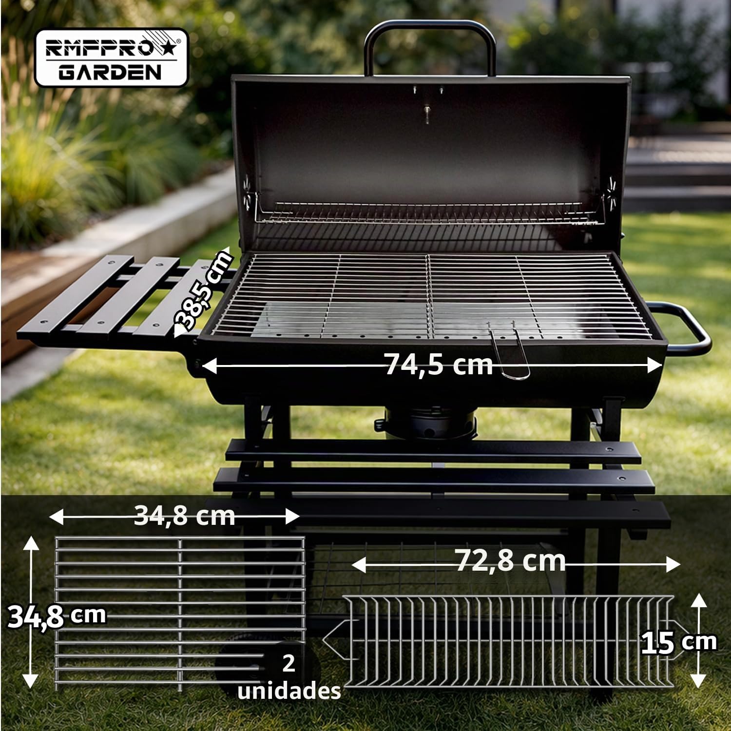 RMF Barbacoa de Carbón con Parrilla XL con Termómetro Integrado - Kit de Accesorios y Funda incluidos, Carrito de Acero Resistente con Ruedas, Estantes Laterales Plegables, Cenicero Extraíble
