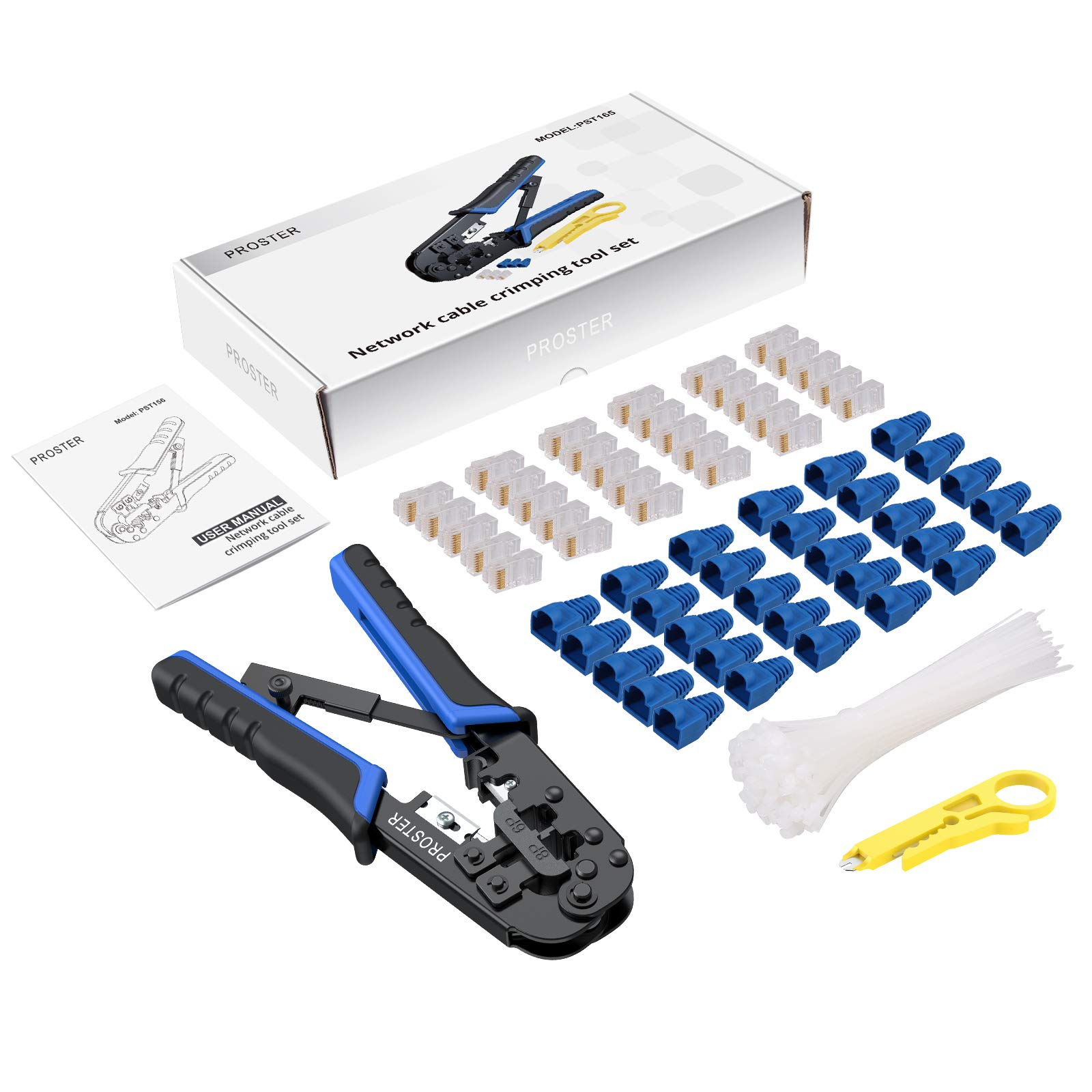 Proster Strumento di Crimpatura RJ45 Cat5 Pinza Crimpatrice per Cavi e Rete Cat5e RJ-11 6P/RJ-12 8P/RJ-45 con Connettori Coperture Fascetta in Nylon Spellafili Cavo Rete