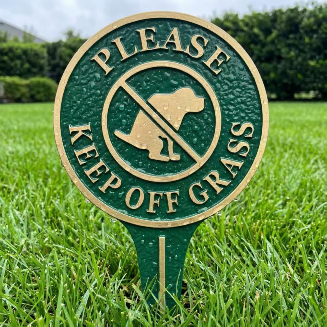 "Please Keep Off Grass" Yard Sign, Green Metal Lawn Garden Decor with Dog Silhouette, Heavy-Duty 11.22" x 6.18" Round Sign with Raised Letters, Integrated Ground Stake for Easy and Stable Installation.