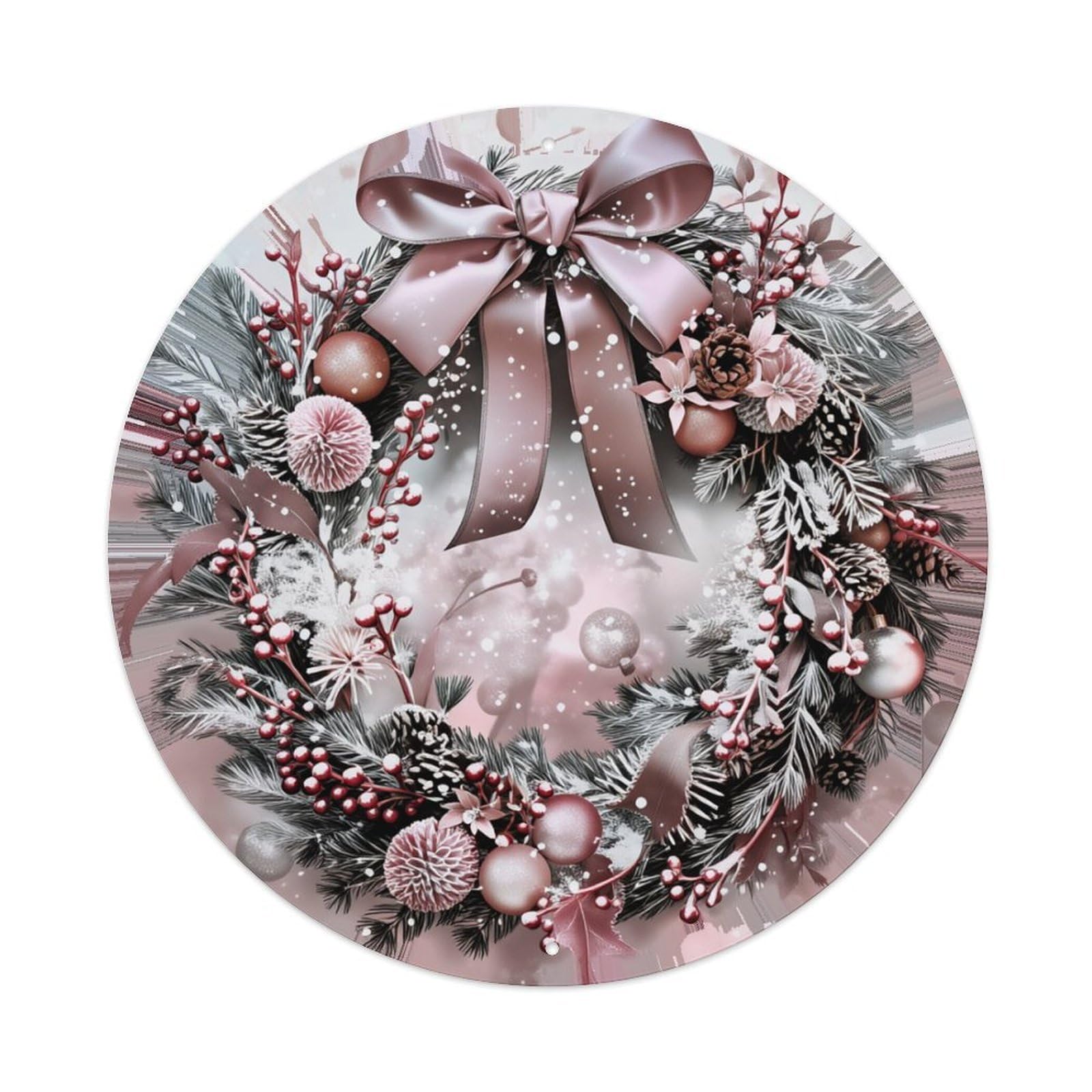 Christmas Wreath Pink Bow Pinecones Round Tin Sign Retro Metal Sign for Cafe Bar Pub Home Game Room Gym Club Wall Decoration Vintage Metal Poster 8x8 Inch