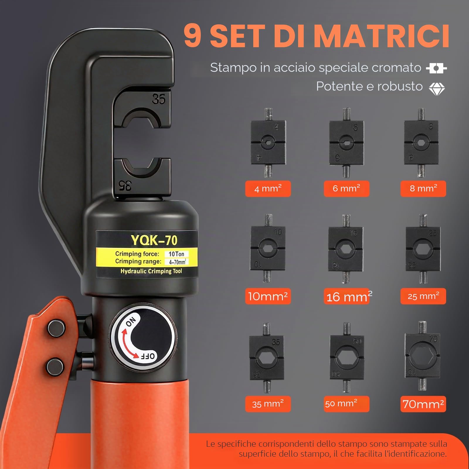Bonvoisin Pinza crimpatrice idraulica 9 forme, spessore 4 – 70 mm². Manico in acciaio cromato spesso isolato. Adatto per morsetti in rame/alluminio. Istruzioni in tedesco