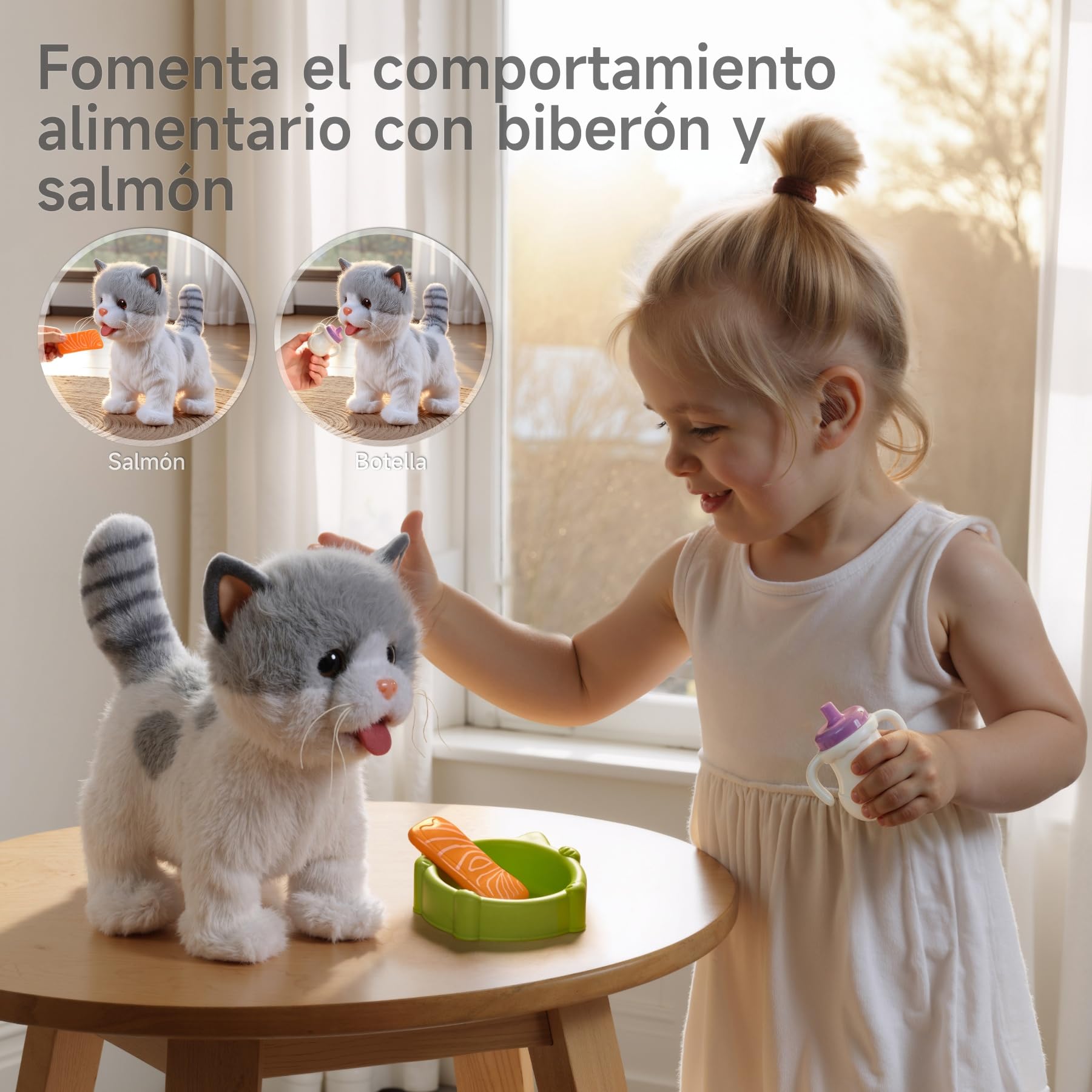 OR OR TU Juguetes Gatito para Niños Gato Peluche Mascotas Electrónicas Gatito, Camina sobre un Plomo Lamiendo Gatito, Juguetes Realistas Interactivos Gato para Niños 3 4 5 6 7+ Años Regalo