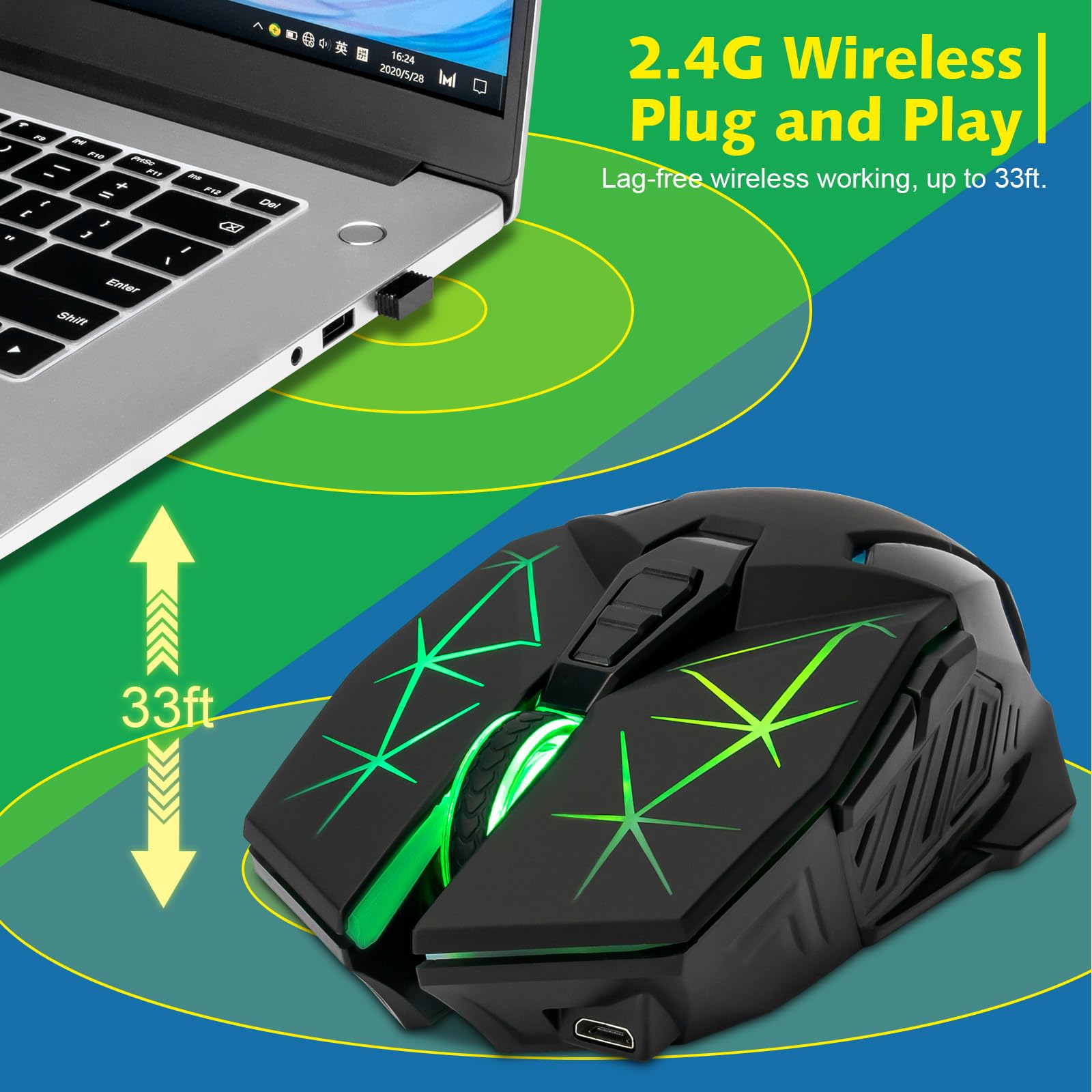 CHONCHOW Ratón inalámbrico para juegos para laptop con botones laterales para PS4/PS5/Xbox One, mouse de PC recargable con receptor USB 2.4G, 3.200 DPI/7 botones/retroiluminación RGB, mouse ergonómico