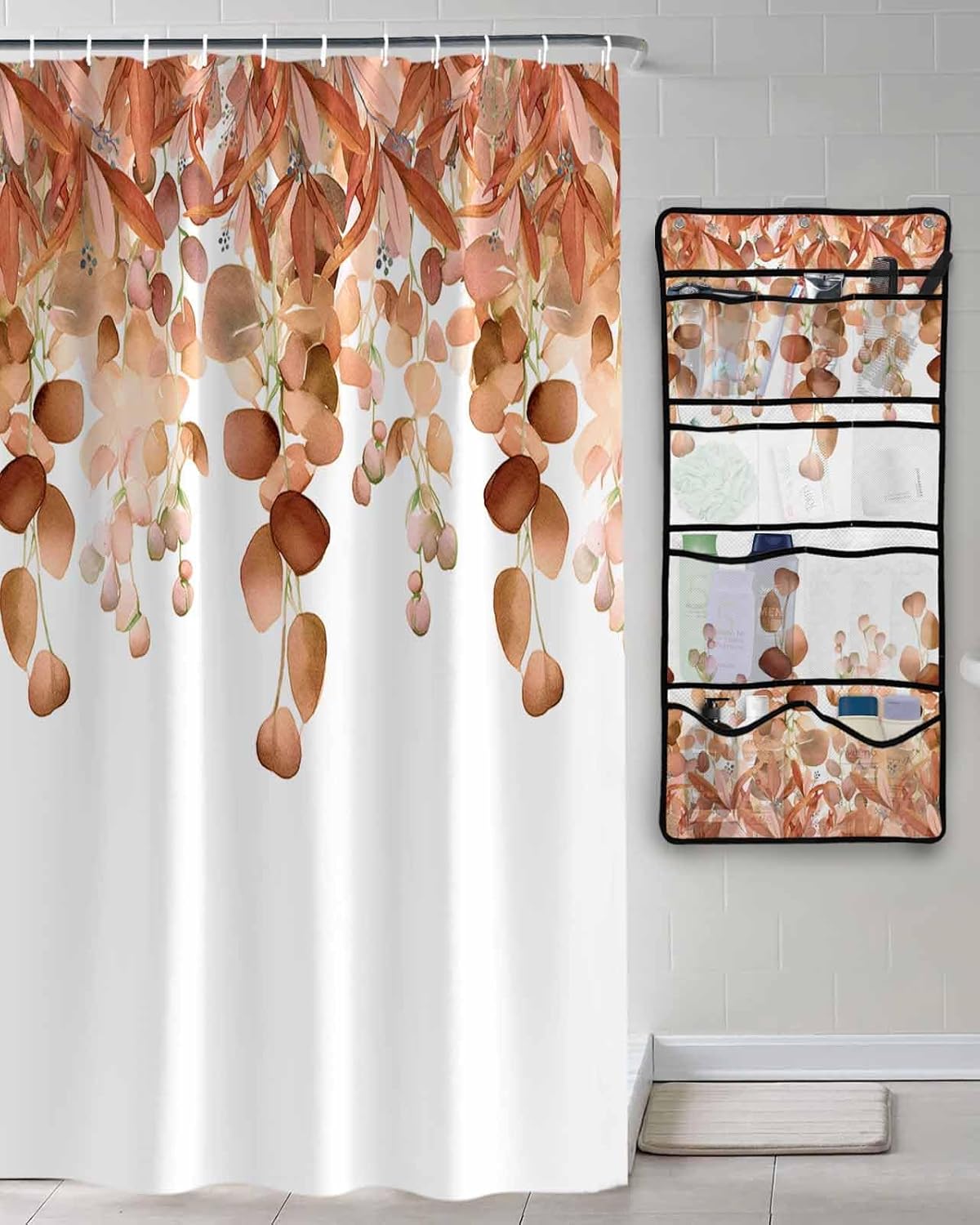 Decorative Shower Curtain Sets Eucalyptus Leaves Orange Fabric Waterproof Shower Curtains Fall Watercolor Leaf Texture White Mesh Shower