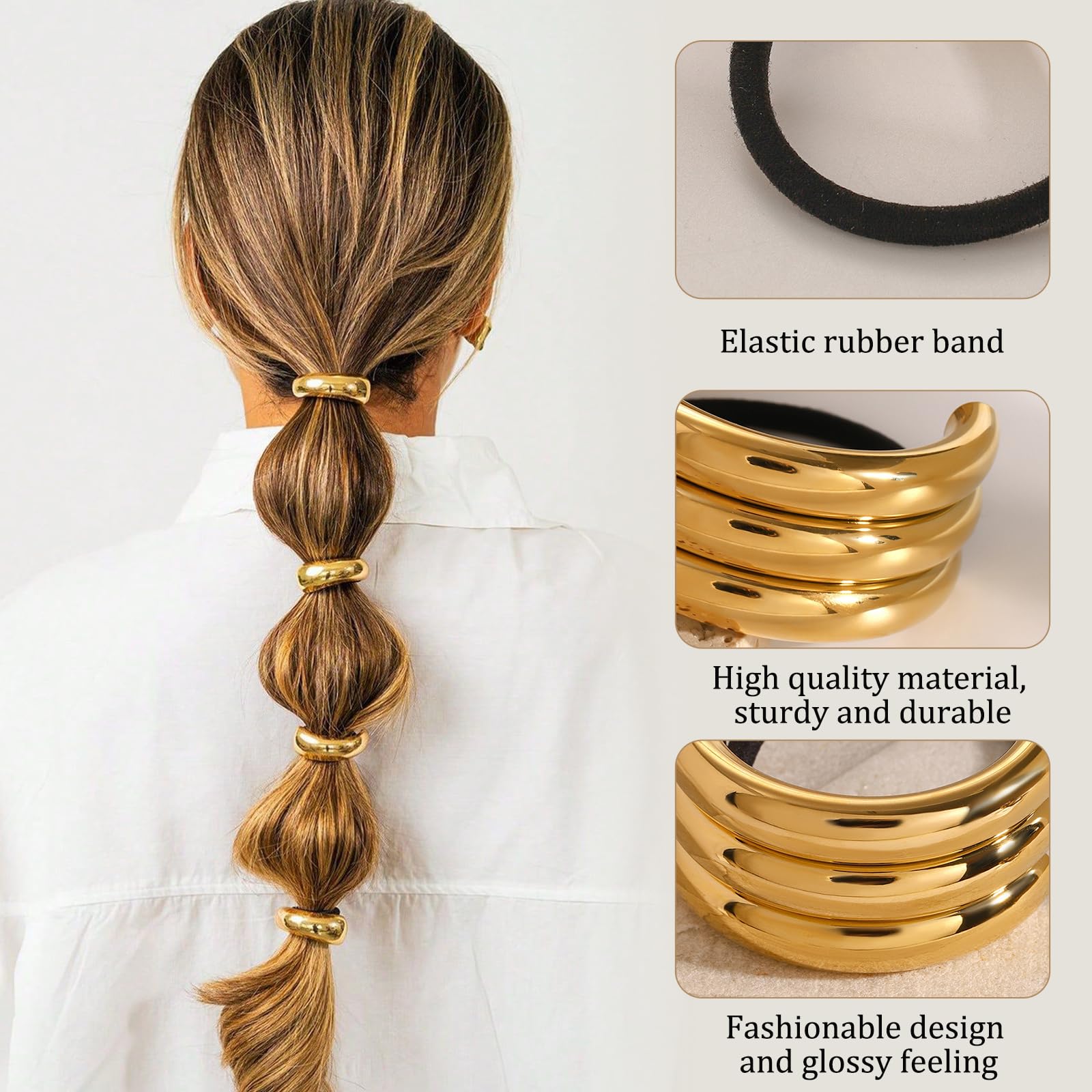 8Pcs Gold Hair Cuffs for Ponytails Hair Ties Fashion Glossy Hair Cuffs Metal Hair Tie Ponytail Cuff Elastic Hair Ties for Women Long Hair Ponytail Holder Gold Hair Accessories - Image 3