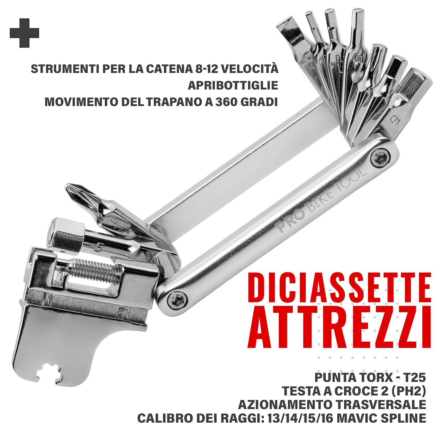 PRO BIKE TOOL 17 in 1 Multitool per Bicicletta - Kit di Riparazione per Biciclette compatte e Leggere per Biciclette da Strada e da Montagna - Set di Borse da Viaggio e tascabili