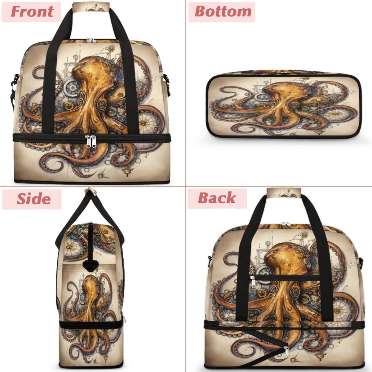 QsirBC Octopuses Design Theme Gym Bag for Women Duffle Tote with Shoes Compartment Men Weekender Duffel for Dance Travel Sports Swimming Overnight