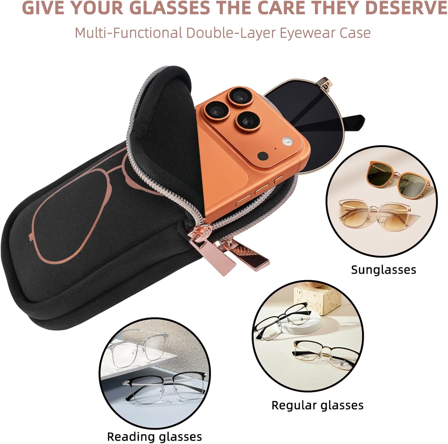 Double Eyeglass Case Soft,Portable Dual Glasses Cases with 2 Compartments Zipper Closure for Men Women Travel