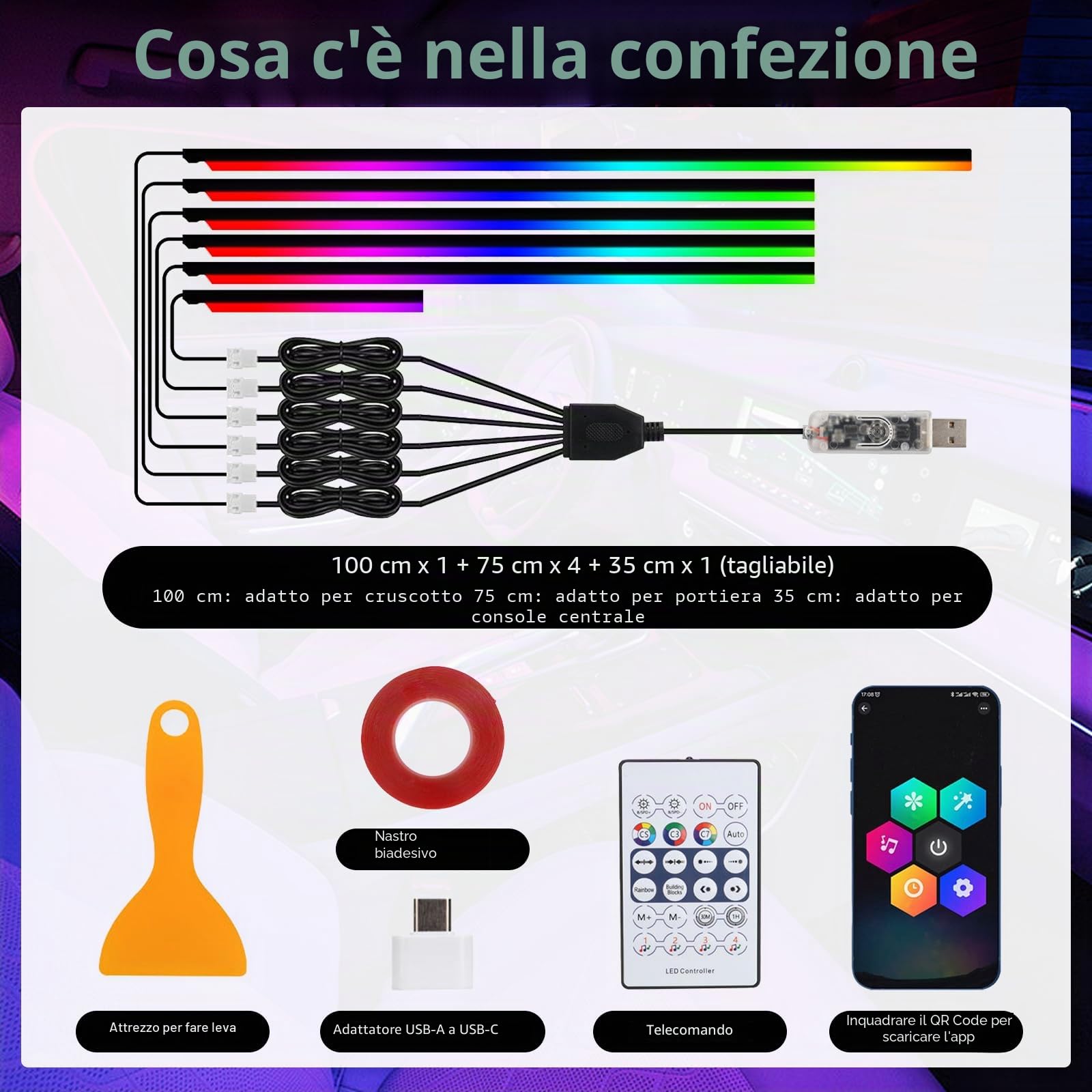 Illuminazione interna auto LED RGB 6-in-1, 6 strisce luminose 445 cm con 584 LED, 16 milioni di colori, 240 effetti, controllo musicale, Alimentato tramite USB, APP e telecomando per decorazione auto
