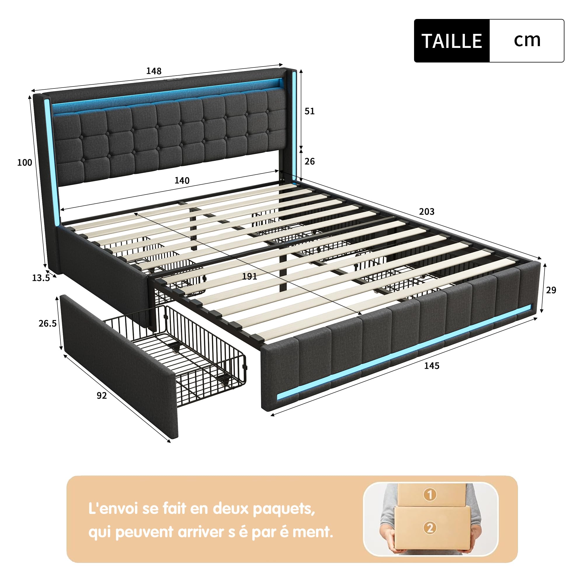 TIMORWTF Lit Coffre 140x190 avec LED et Ports USB,Lit Double Rembourré avec Rangement 2 Tiroirs et Tete de Lits,lit 2 Personnes Cadre de Lits avec Sommier à Lattes,Lin,Gris Foncé (sans Matelas