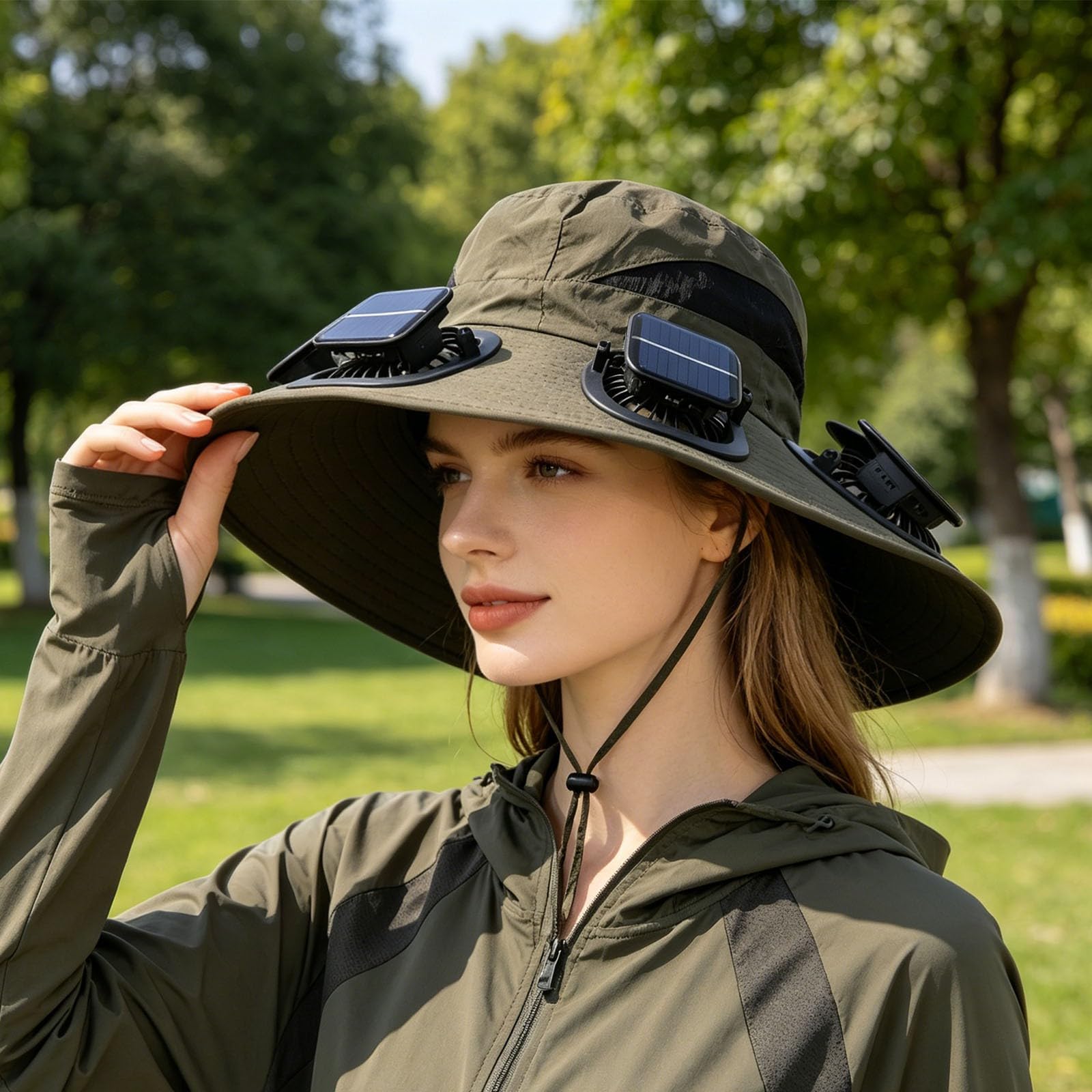 Chapeau de Soleil à Larges Bords pour l'extérieur, modèle 2026, avec 2 Ventilateurs solaires Amovibles et Protection UPF 50+. Idéal pour la randonnée et la Plage.