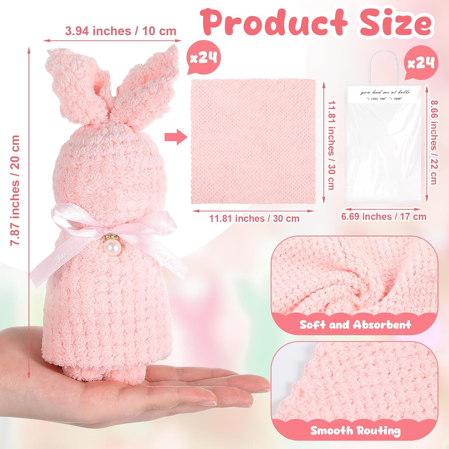 VitalCozy 24 Set Easter Party Favors Bunny Towels Coral Fleece Easter Hand Towels with Bags for Spring Baby Shower Wedding Birthday Baptism Souvenirs Gifts Bathroom Kitchen(Pink)