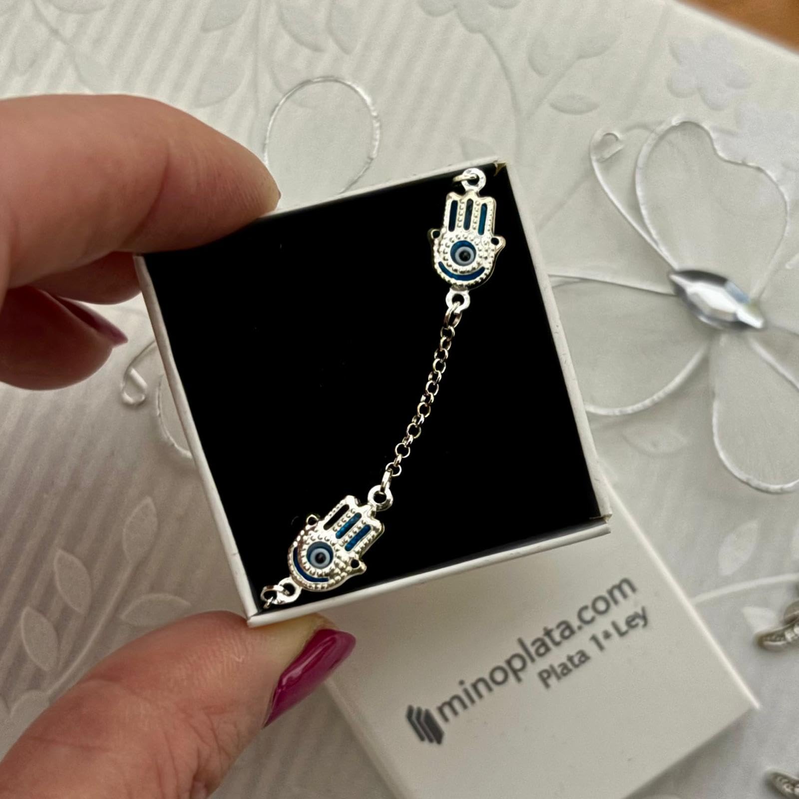 Pulsera Mano de Fátima con Ojo Turco, Plata de Ley 925, Cadena Rolo, 19 cm, Caja de Regalo