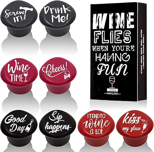 Whaline Paquete de 8 divertidos tapones de vino de silicona, accesorios de vino reutilizables y regalos de vino con un divertido dicho para botellas