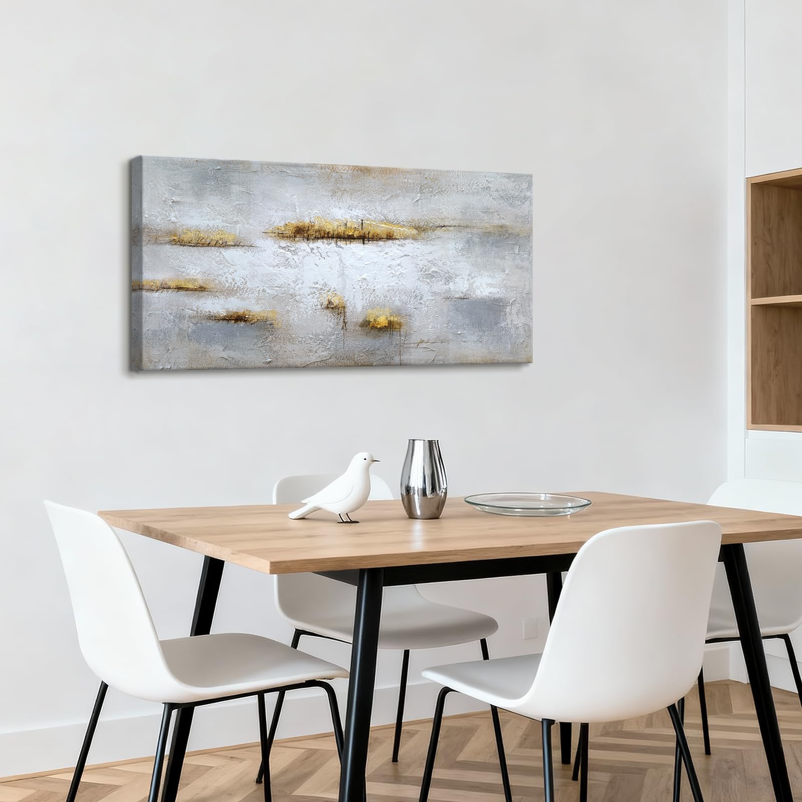 Große Abstrakt Gemälde auf Leinwand Handgemalt, Weiß Grau Gold Gerahmte Wandbilder, Abstrakte Kunstbilder Acrylgemälde 120x60 cm