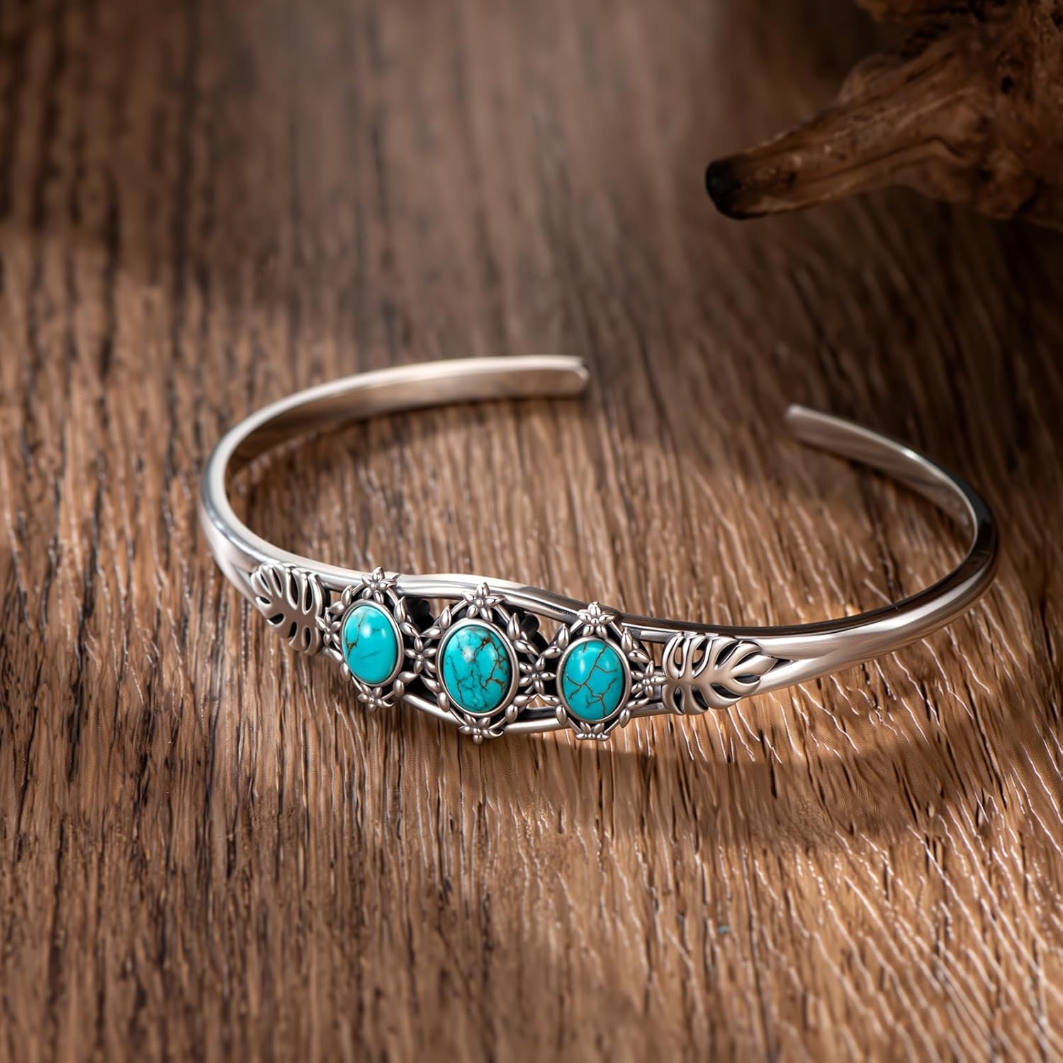 Genuine 3 Turquoise Stone Leaf Bracelet, Sterling Silver Native American Boho Adjustable Western Bangle Cuff Jewelry for Women, Fit for 6.5 7 7.5 Inches - Image 3