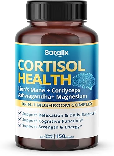 Suplemento para la salud del cortisol con magnesio, Ashwagandha, melena de león y complejo de 10 hongos - Relajación, enfoque y apoyo energético -