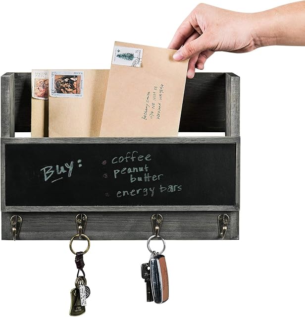 MyGift Vintage Gray Wood Wall Mounted Mail Holder with Chalkboard & Key Hooks