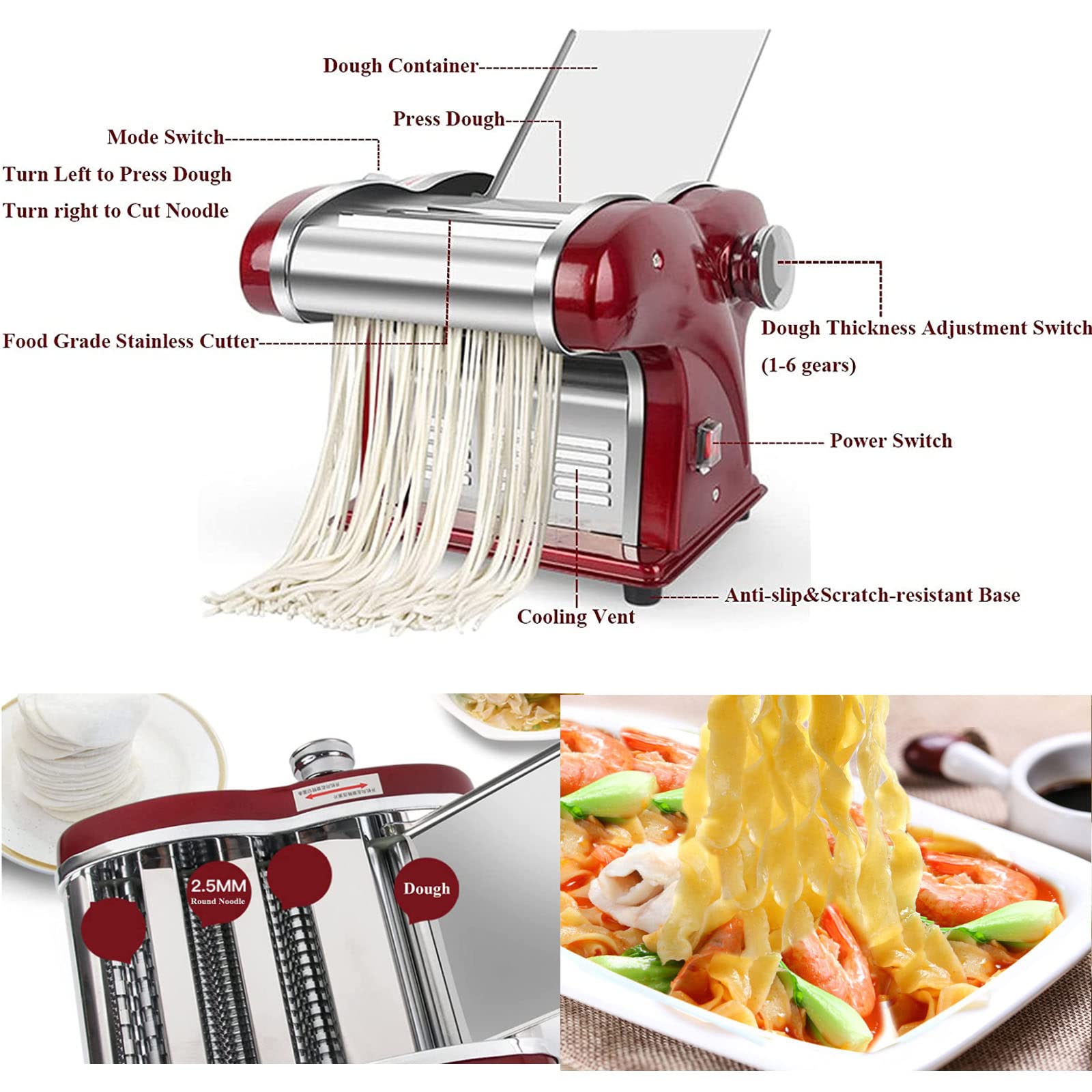 WOLWES Machine à PâTes Domestique, Machine à Nouilles Rouleau à Spaghetti, Machine à Spaghetti 2 en 1 en Acier Inoxydable - 4 Lames De Nouilles, Sortie 5 Kg/H,Red