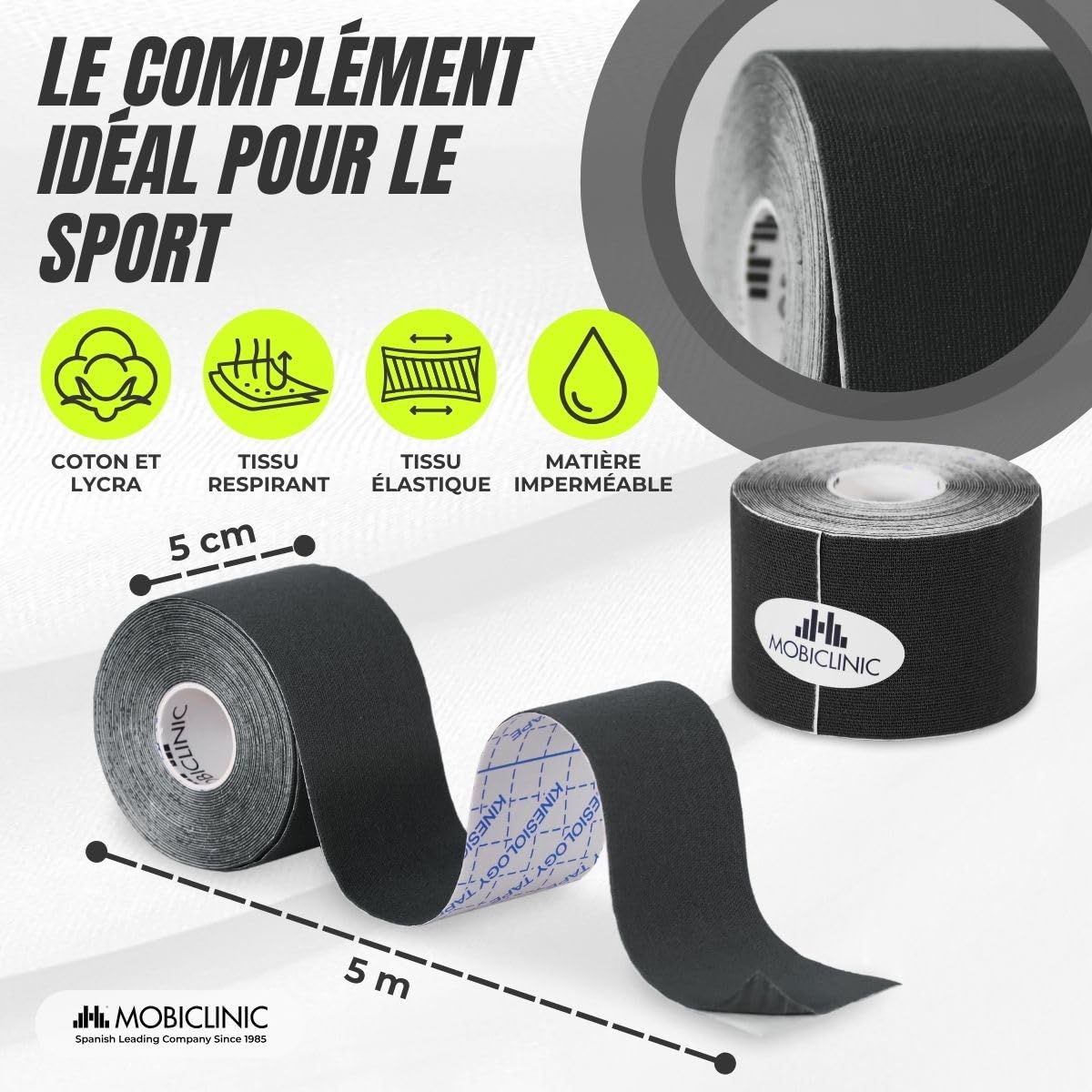 Mobiclinic®, Pack 12 rouleaux bande kinesiologie, Neuro-musculaire adhésive, De 5m x 5cm, Sport tape, Soulagement des douleurs musculaires, Kinesiotape, Face (Noir)