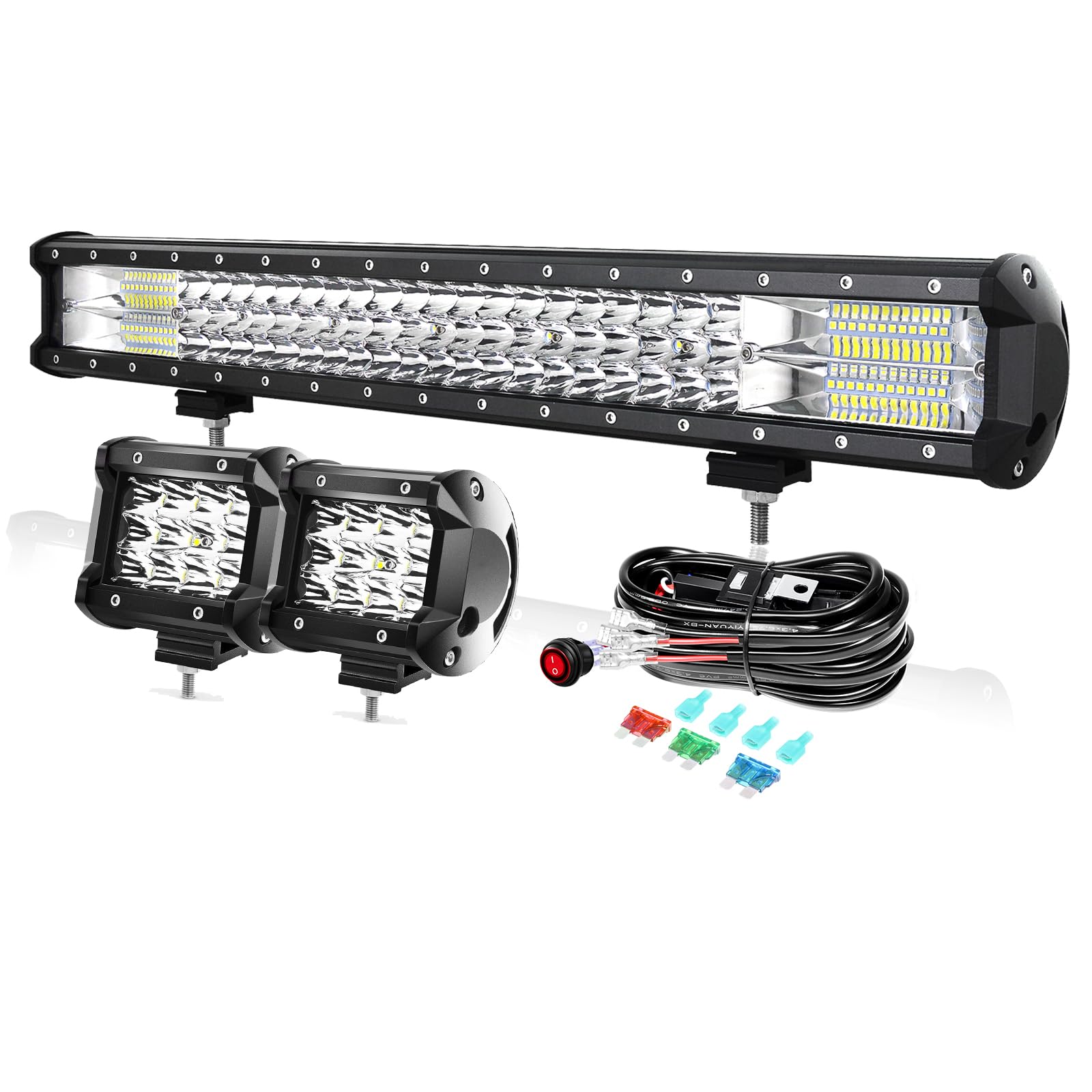 PICAA 23" 324 W LED Lightbar + 2 x 4" 36 W reflektor roboczy LED + wiązka kabli, trójrzędowe belki świetlne LED, 12 V, 24 V, do samochodu, offroad, 4 x 4, dodatkowy reflektor punktowy