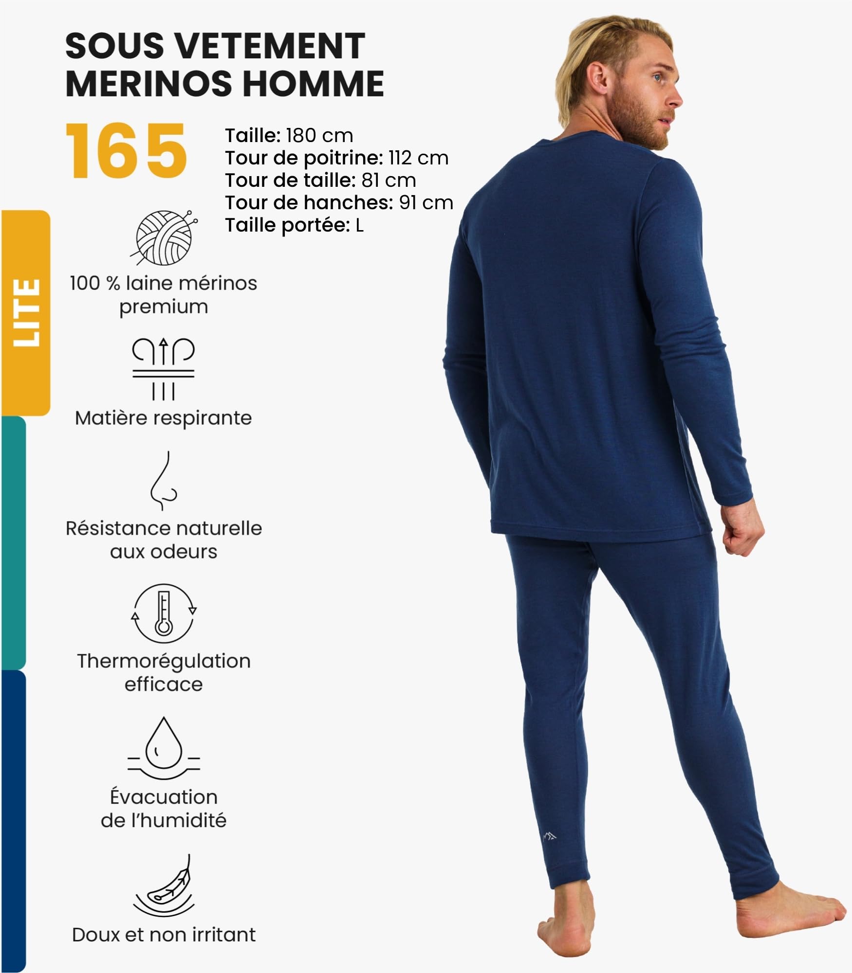 Merino.tech 100% sous Vetement Merinos Homme - Haut et Bas + Chaussettes (Medium, Lite 165 Navy)
