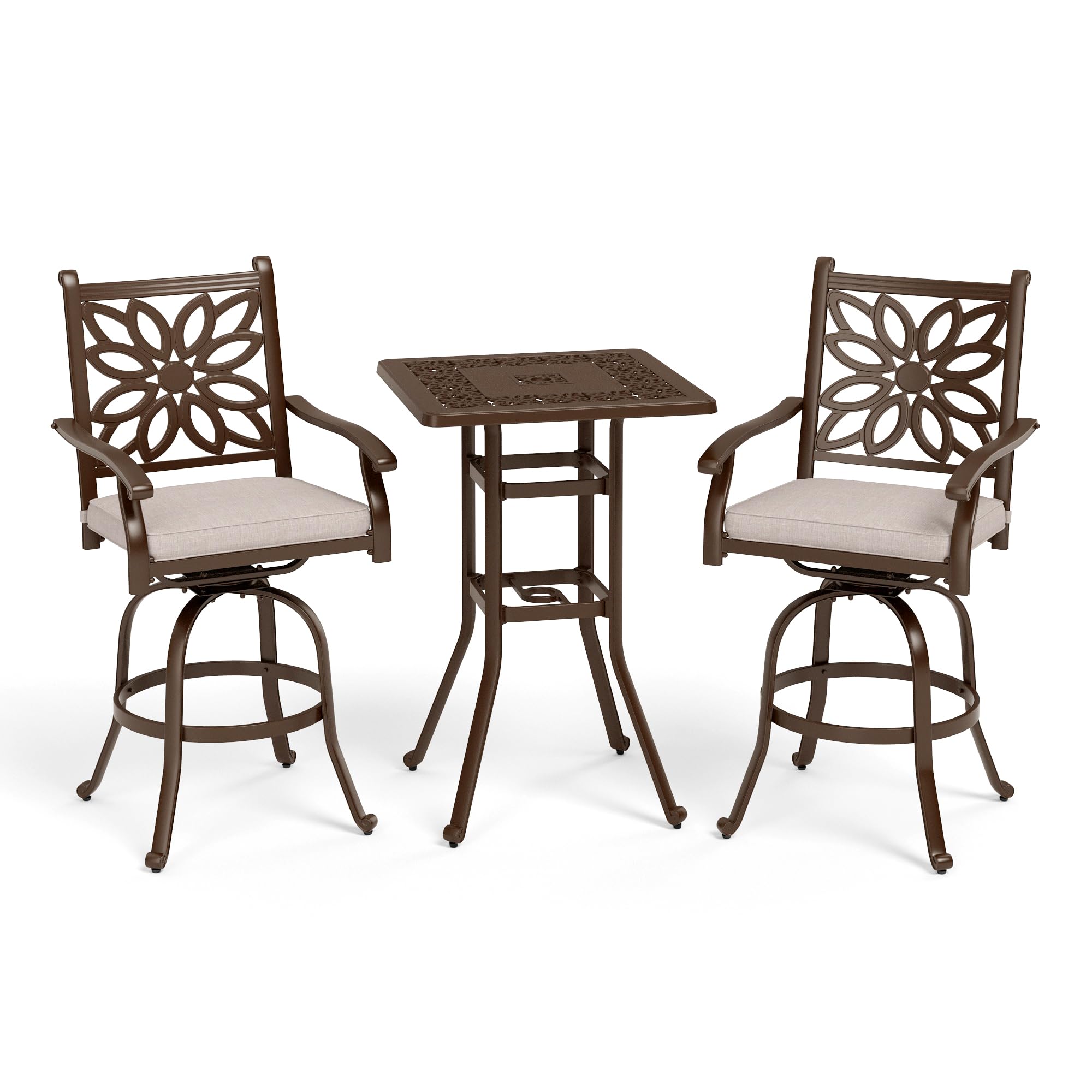 Sophia & William 3 Pieces Cast Aluminum Patio Bar Set, Square Outdoor Bar Table and 2 Swivel Bar Counter Height Chairs Set, Modern Patio Pub Bistro