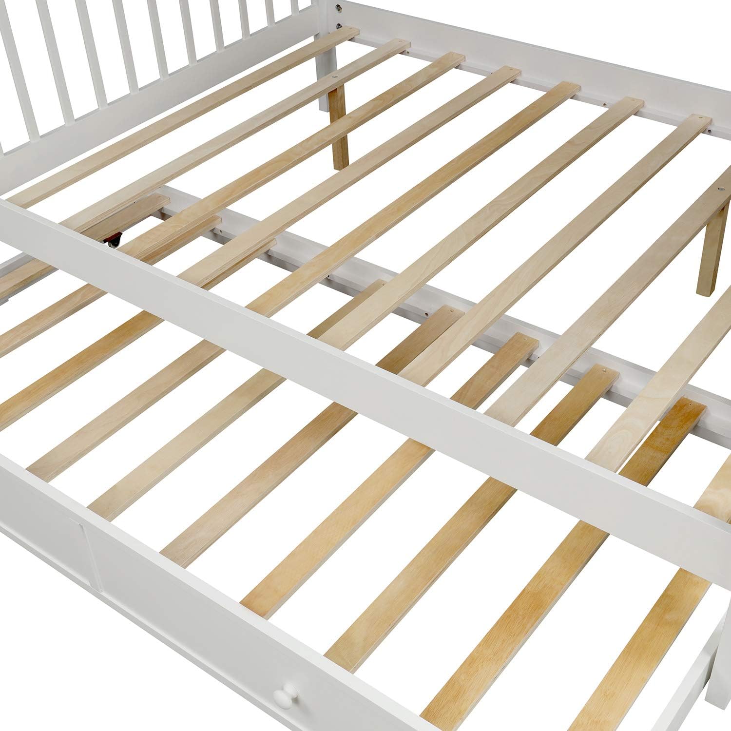 Detailed view of wooden bed slats and support beams